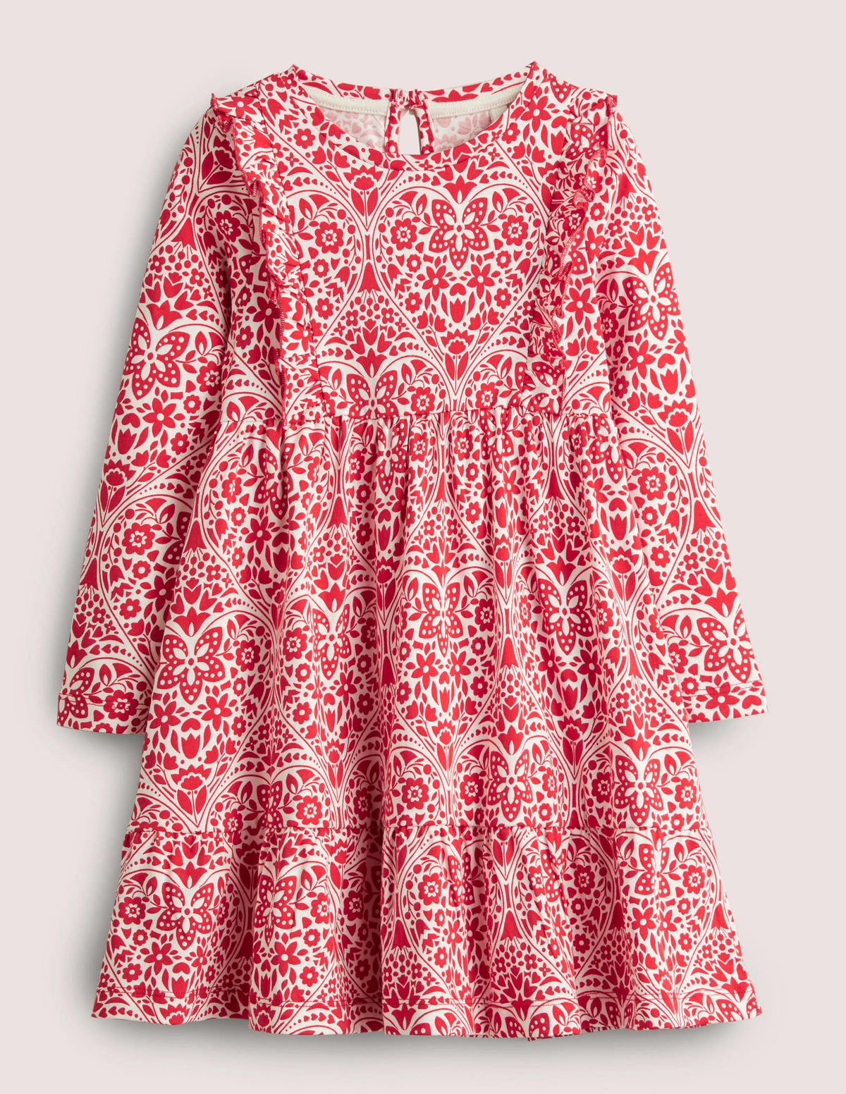 Frill Tiered Jersey Dress-Rockabilly Red Folk Hearts - Image 1