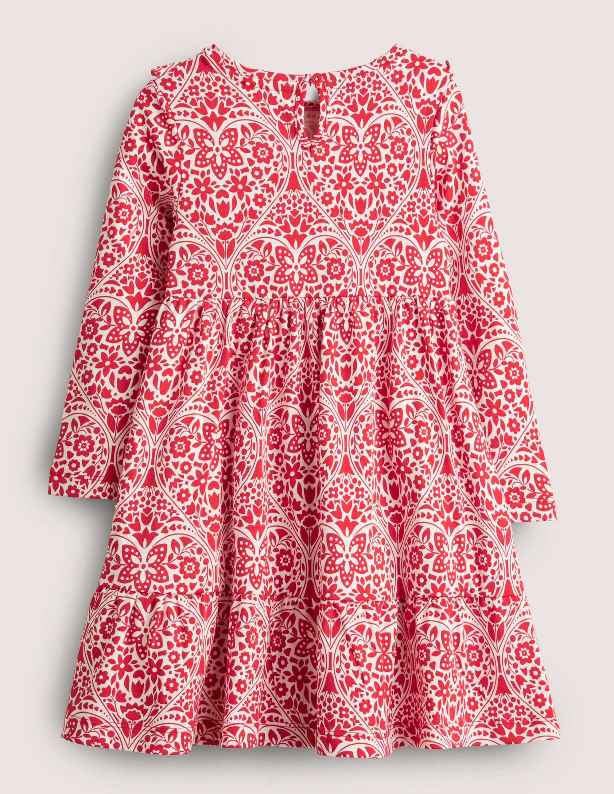 Frill Tiered Jersey Dress-Rockabilly Red Folk Hearts - Image 2