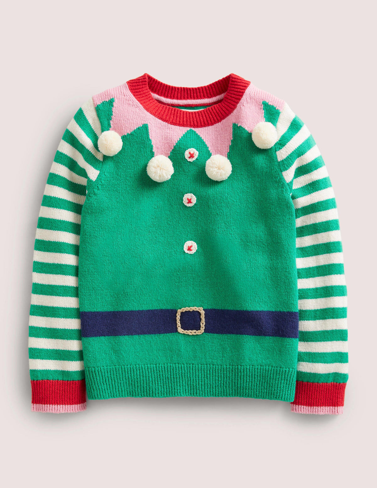 Green Stripe Elf Pompom Christmas Sweater-Green Pepper Elf-1