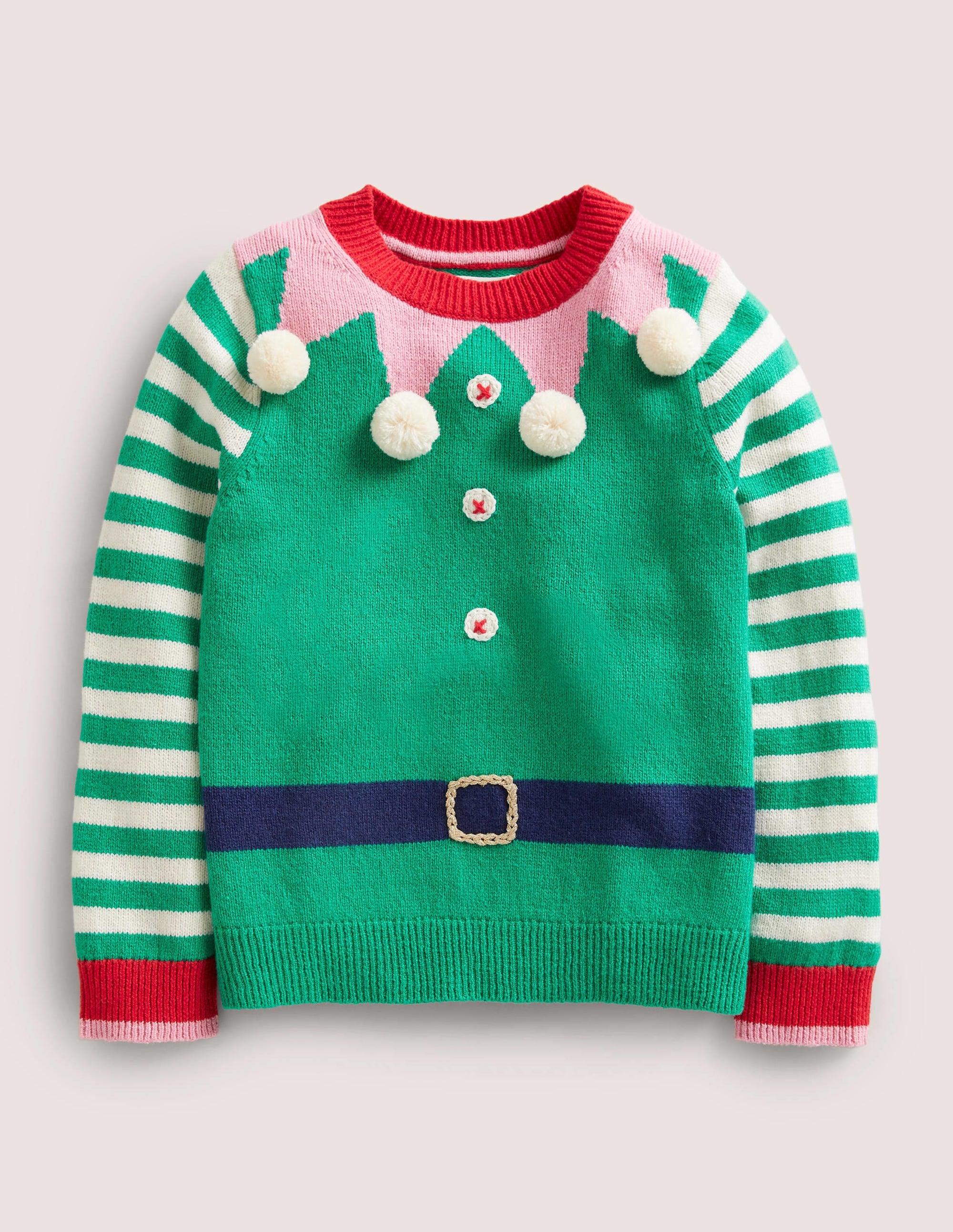 Green Stripe Elf Pompom Christmas Sweater-Green Pepper Elf - Image 1