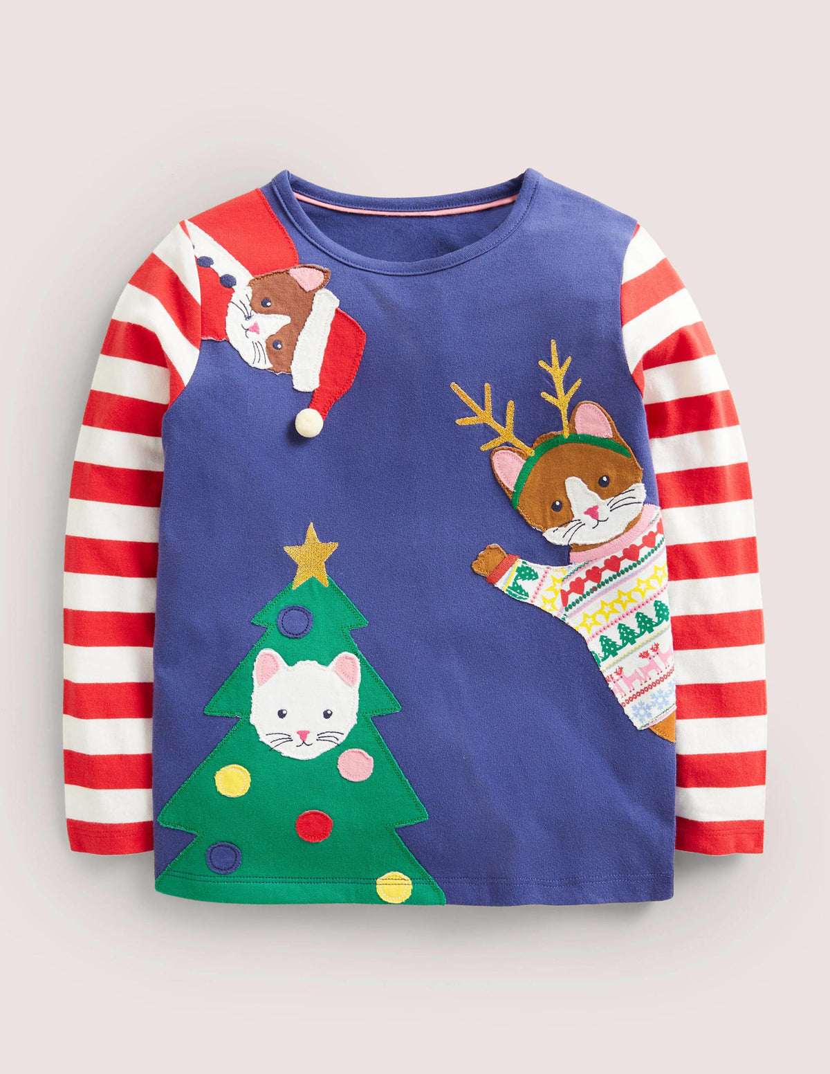 Christmas Appliqué T-shirt-Starboard Blue Festive Cats - Image 1