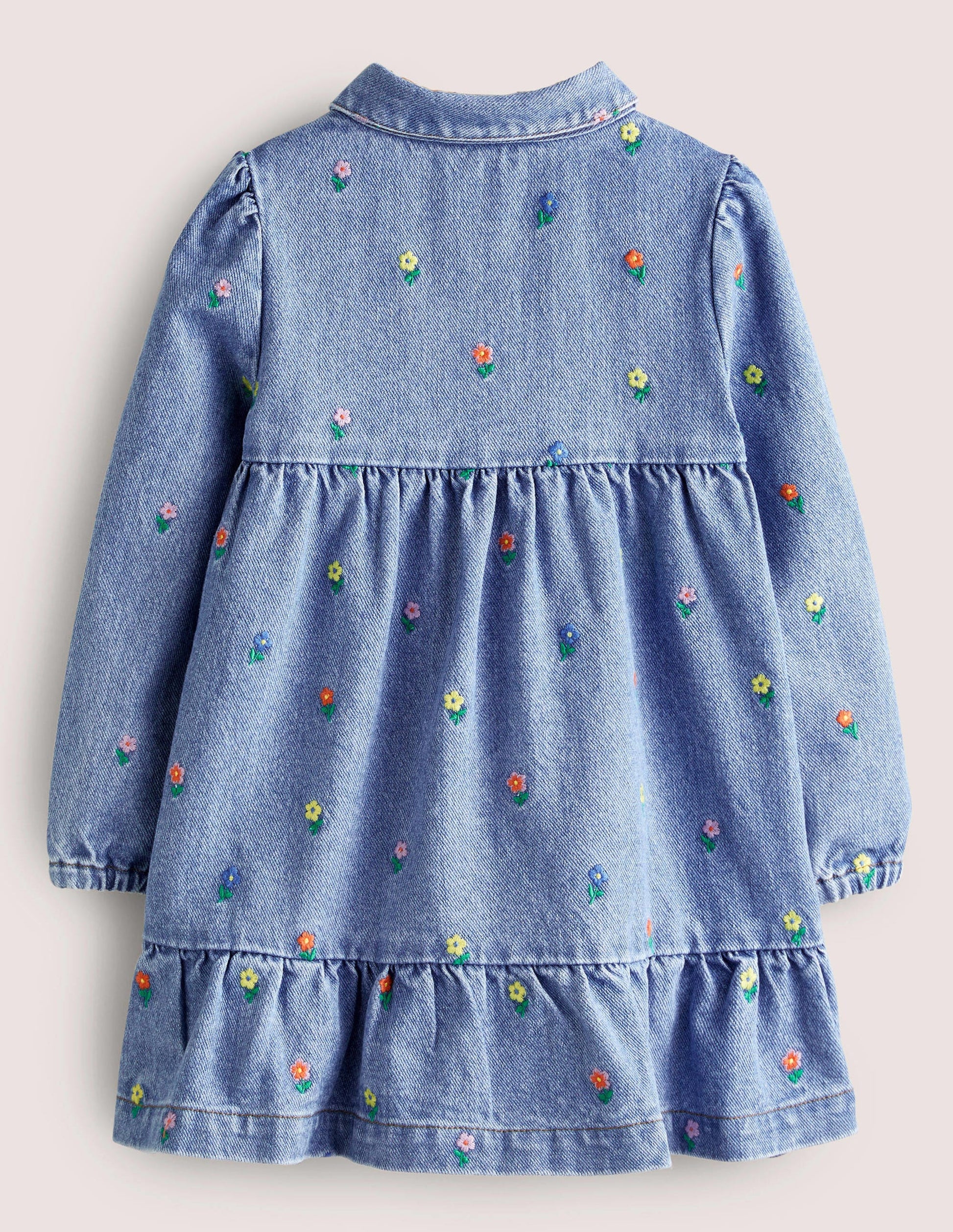 Long Sleeve Denim Dress-Mid Vintage Denim Flowers-2