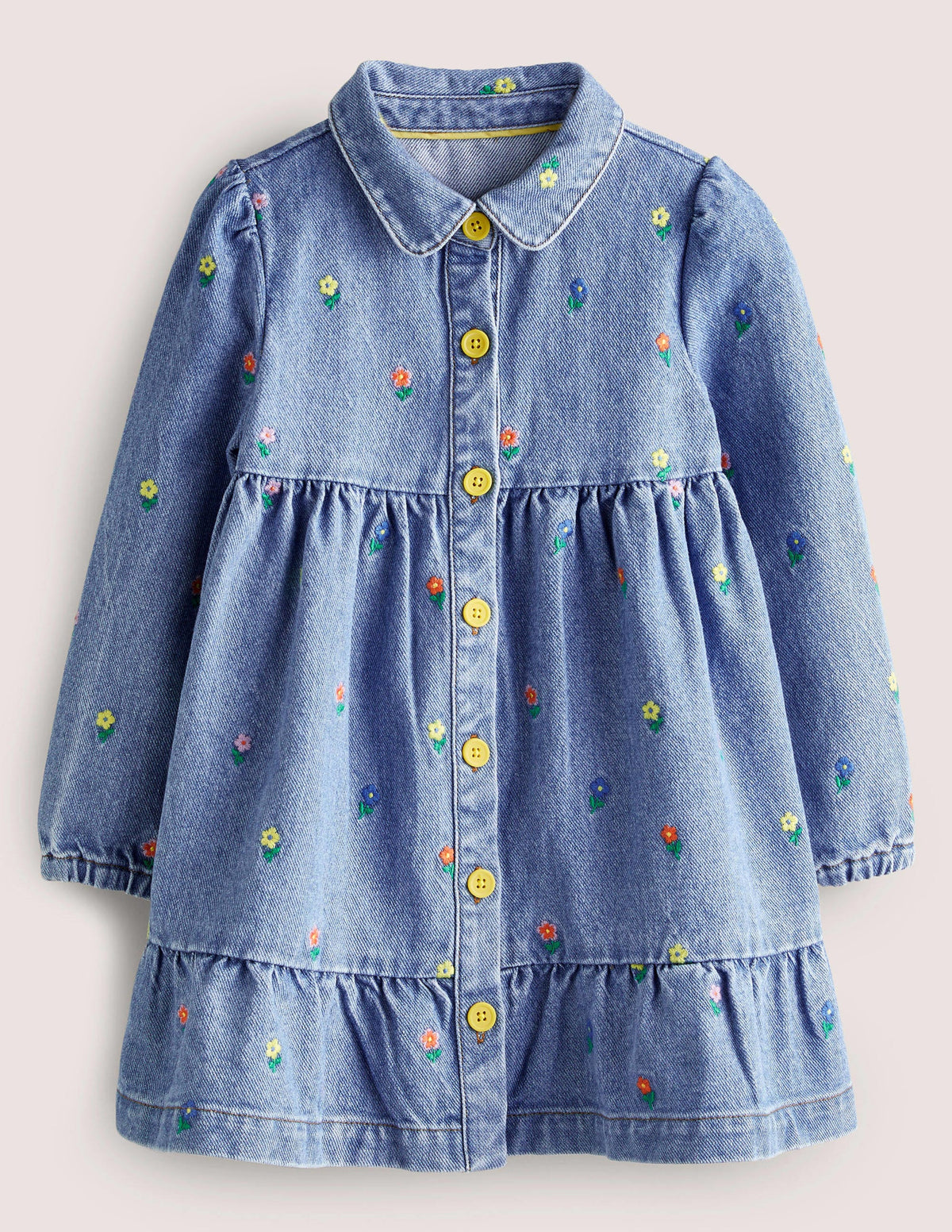 Long Sleeve Denim Dress-Mid Vintage Denim Flowers-1