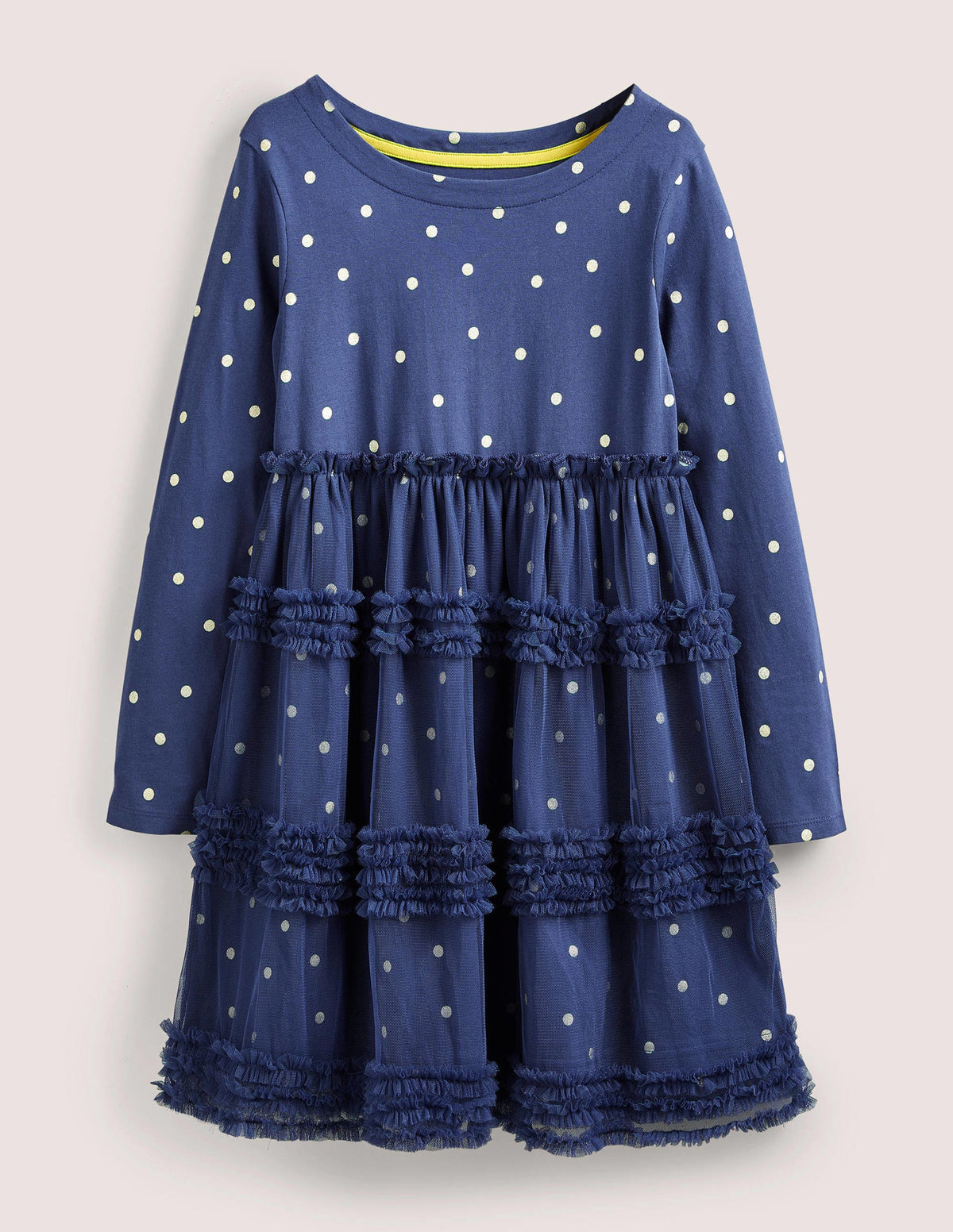 Long Sleeve Jersey Tulle Dress-Starboard Blue/Gold Spot-1