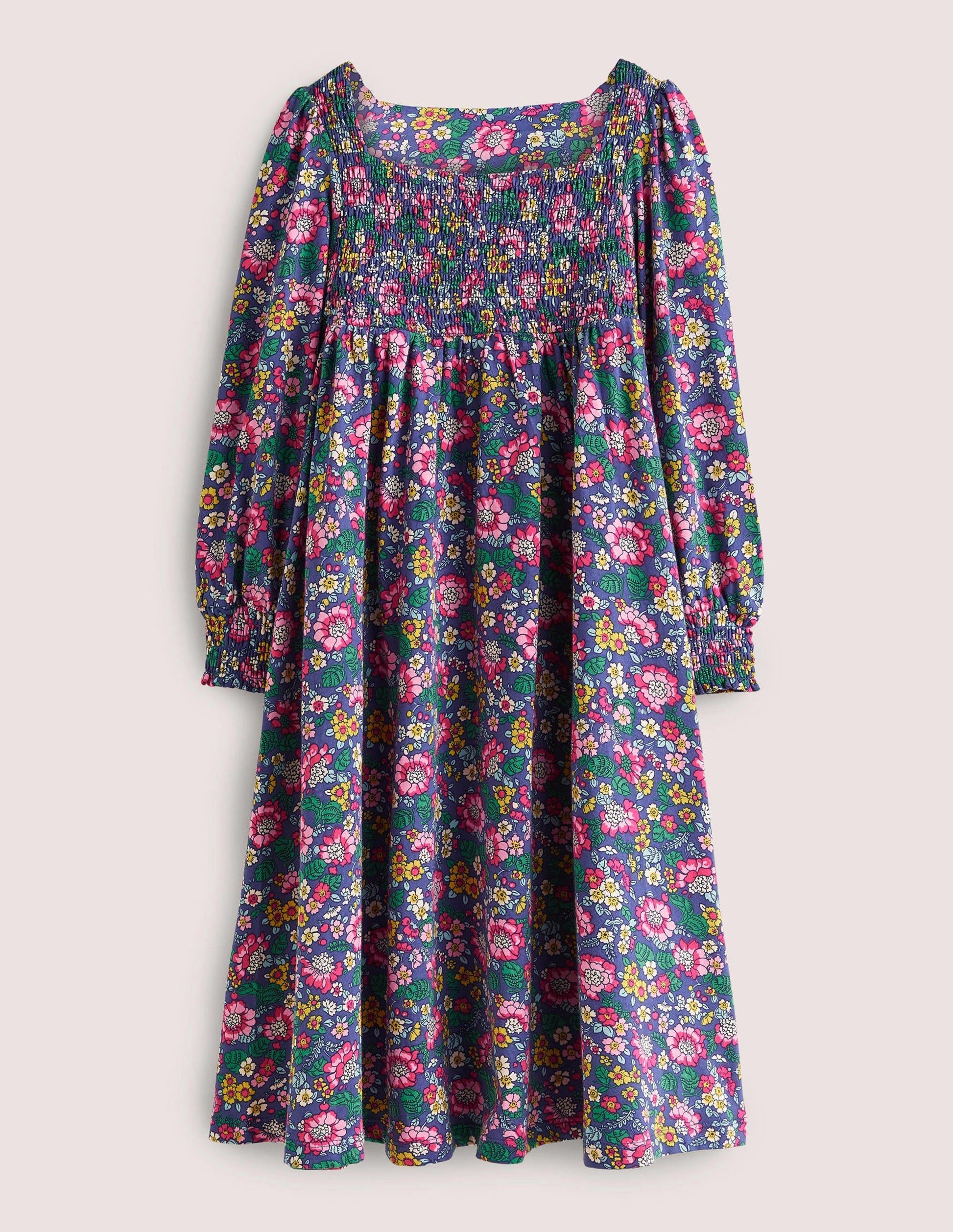 Smocked Bodice Trapeze Dress-Starboard Blue Vintage Floral-1