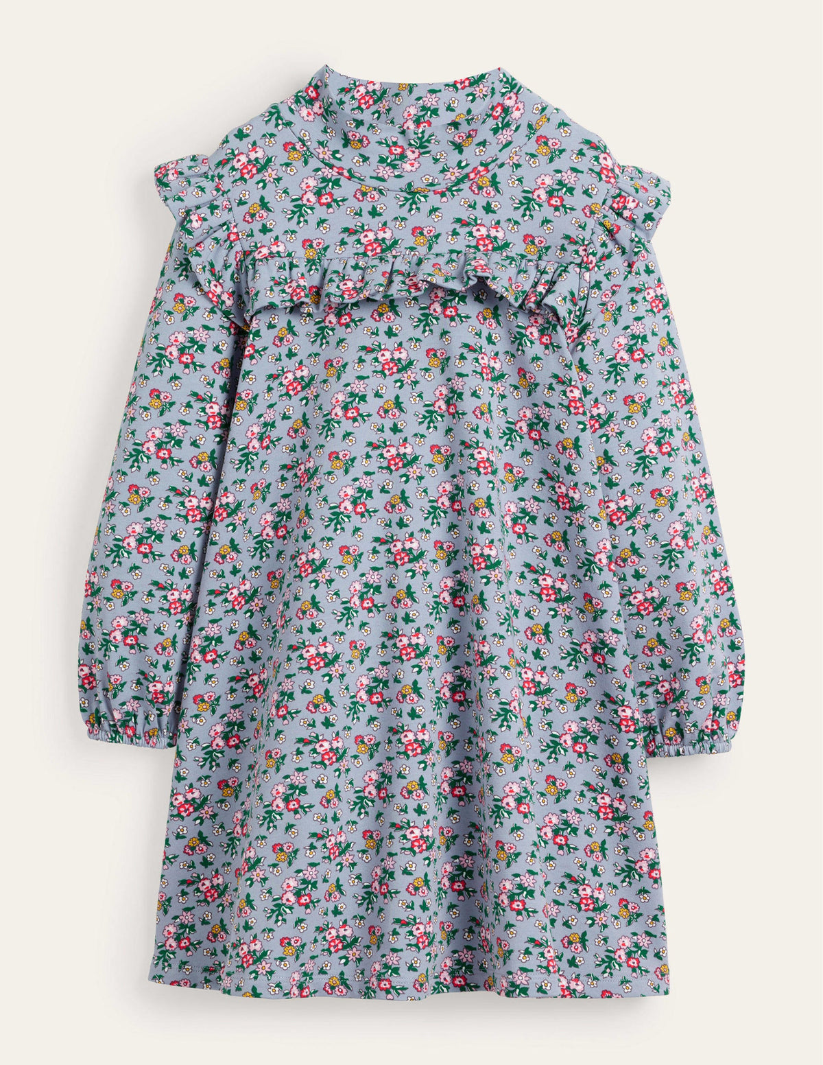 Roll Neck Midi Dress-Dusty Blue Flower Bouquet-1