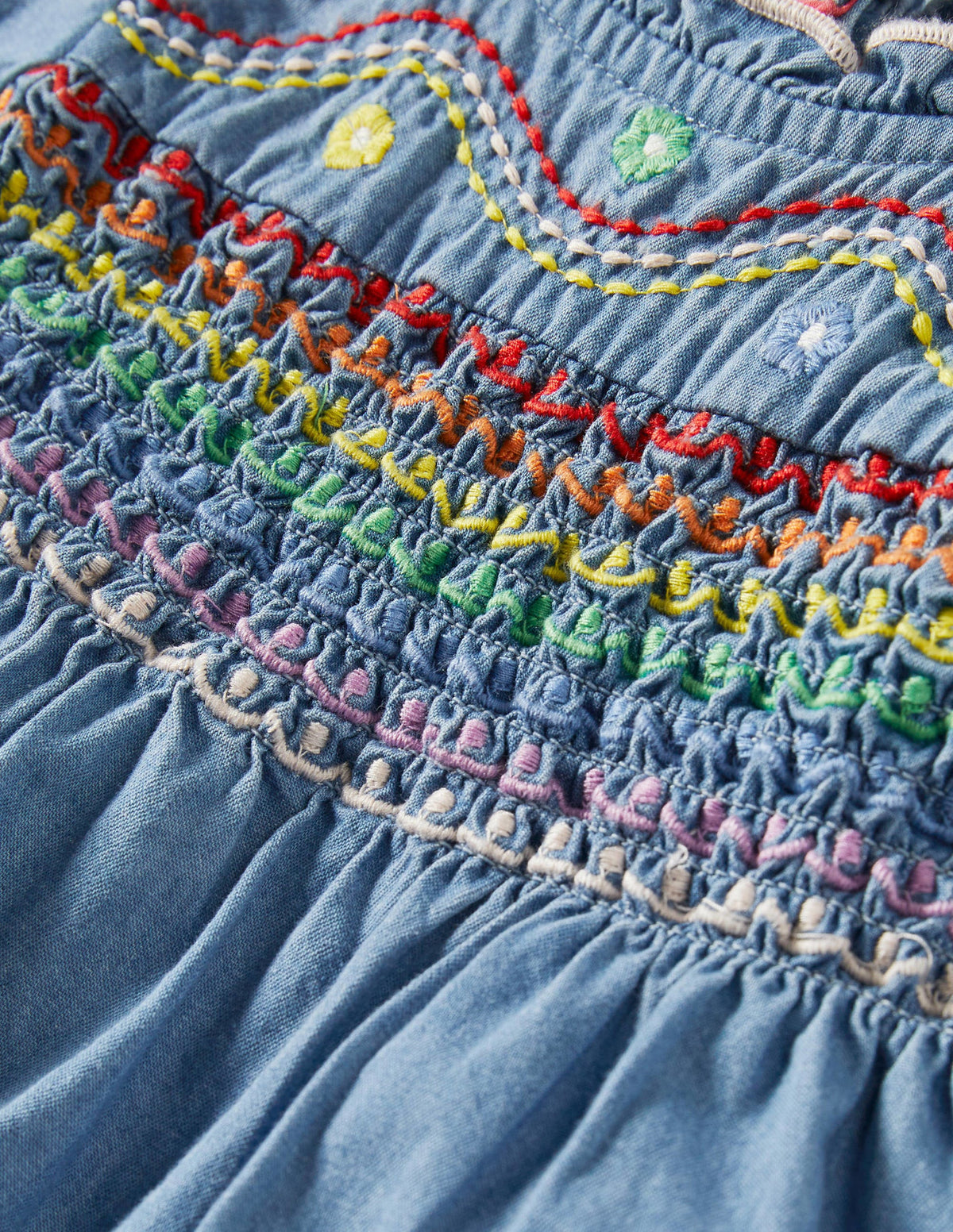 Rainbow Smocked Chambray Dress-Mid Chambray-3