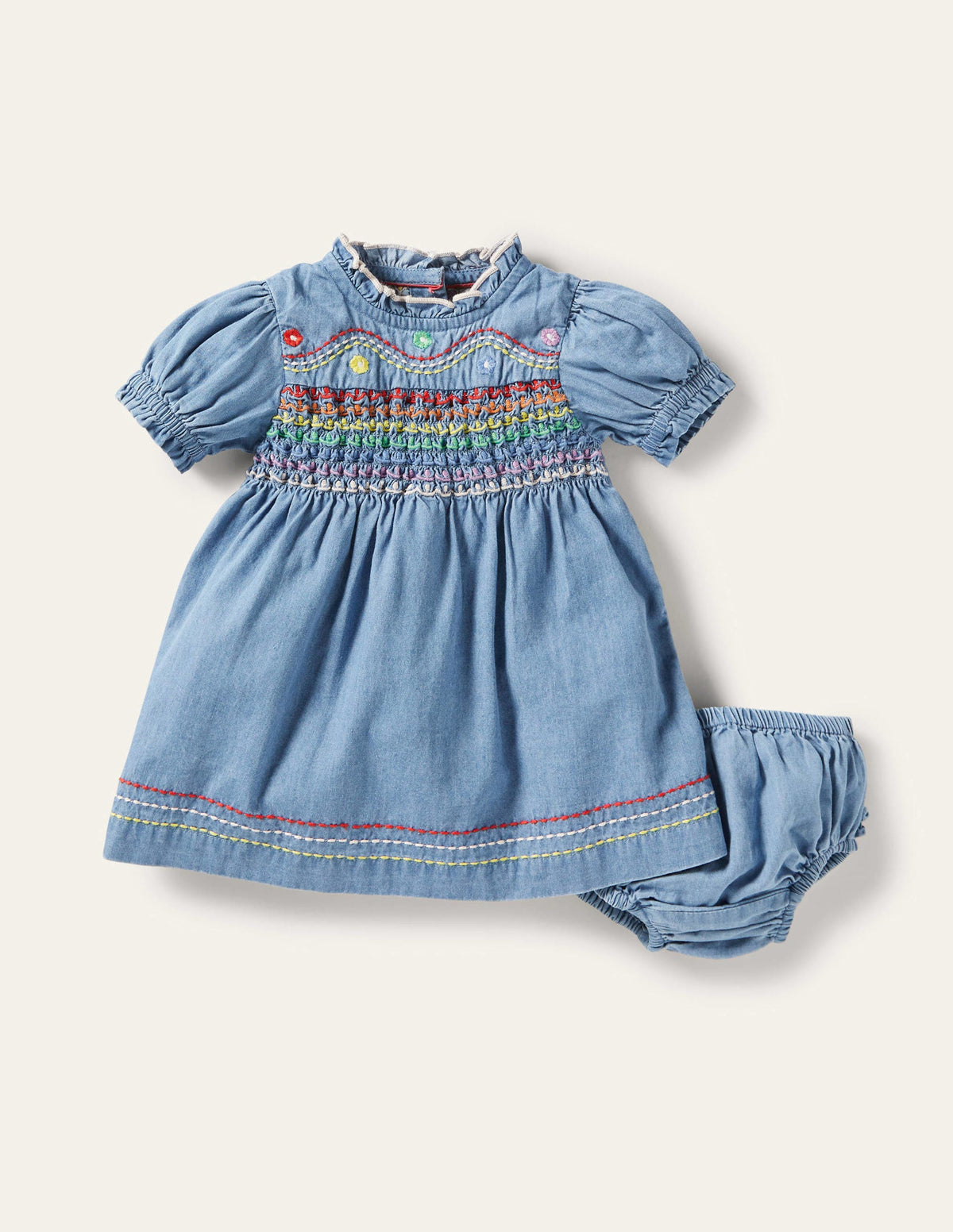 Rainbow Smocked Chambray Dress-Mid Chambray - Image 1