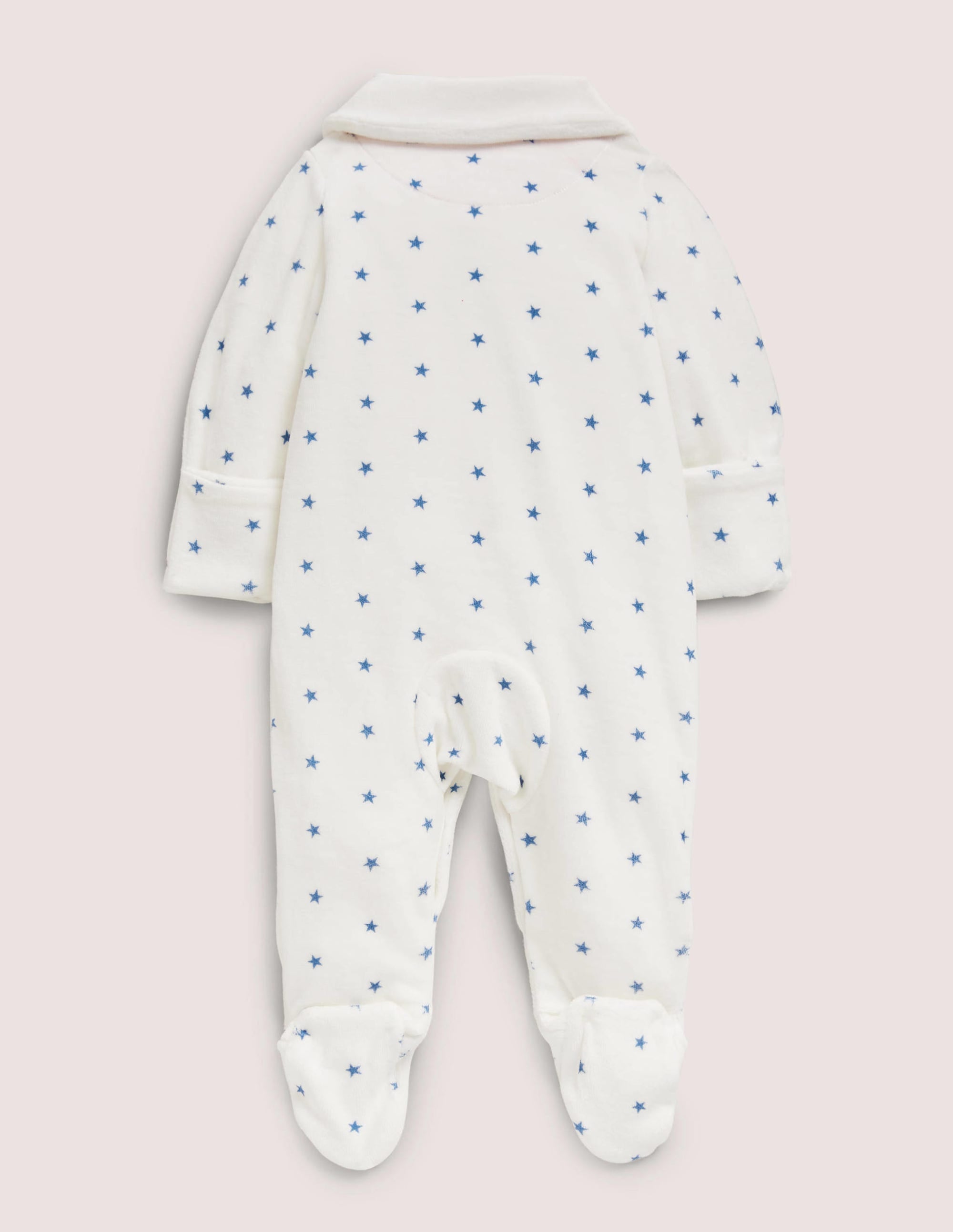 Newborn Velour Sleepsuit-Ivory/Elizabethan Blue Stars - Image 2