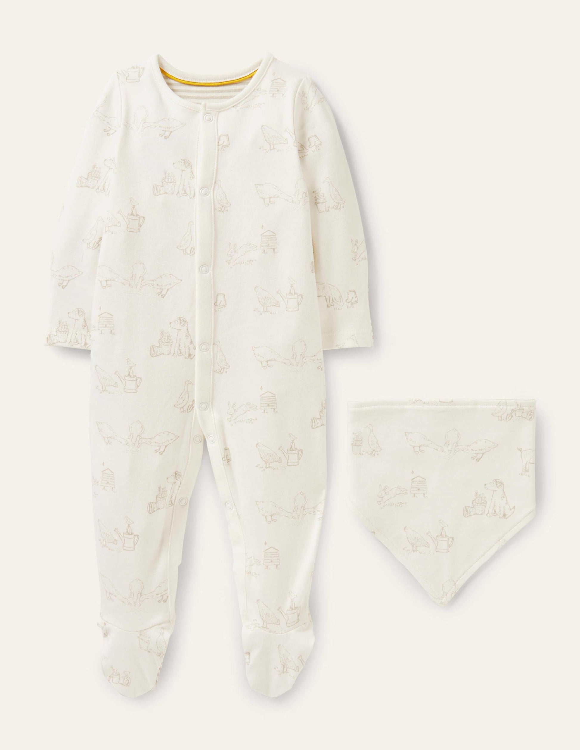 Newborn Sleepsuit & Bib Set-Ivory Farmyard-1