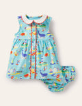 Sleeveless Collared Dress-Aqua Blue Coastal Scene