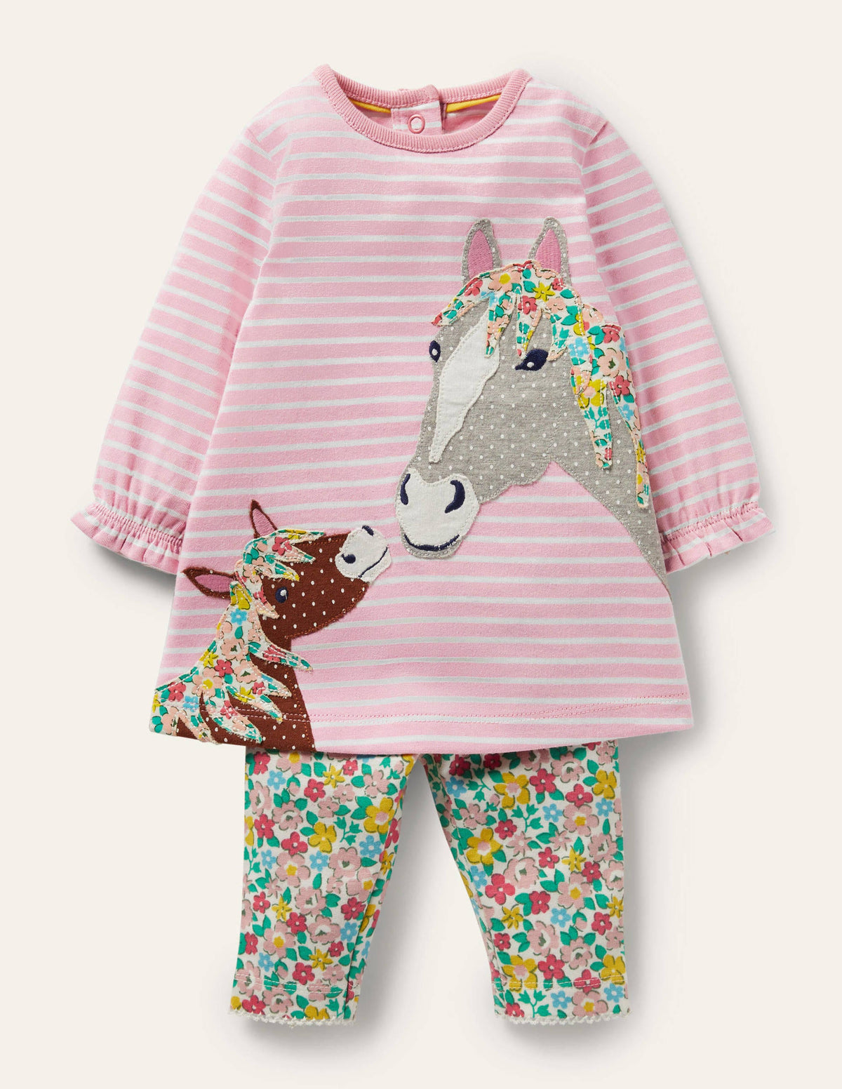 Jersey Dress and Legging Set-Boto Pink Spring Floral Horses - Image 1