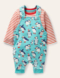 Printed Jersey Overalls Set-Aqua Blue Puffins