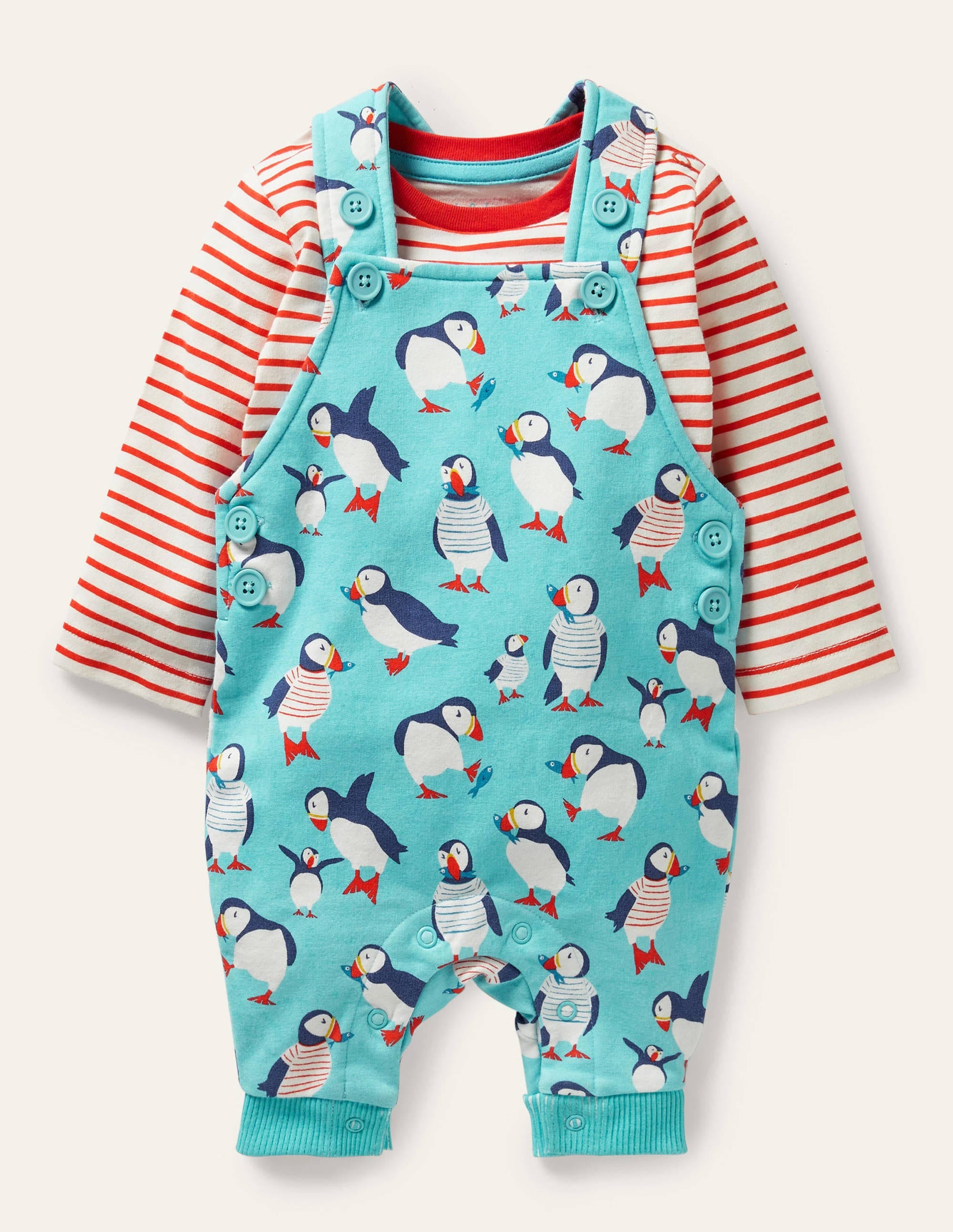 Printed Jersey Overalls Set-Aqua Blue Puffins - Image 1