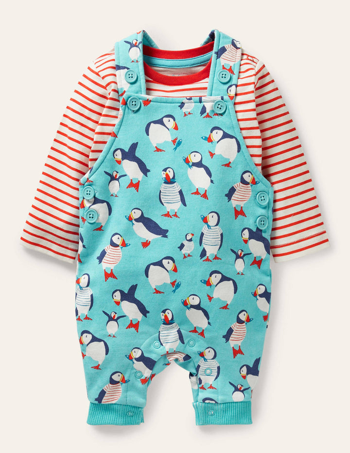 Printed Jersey Overalls Set-Aqua Blue Puffins