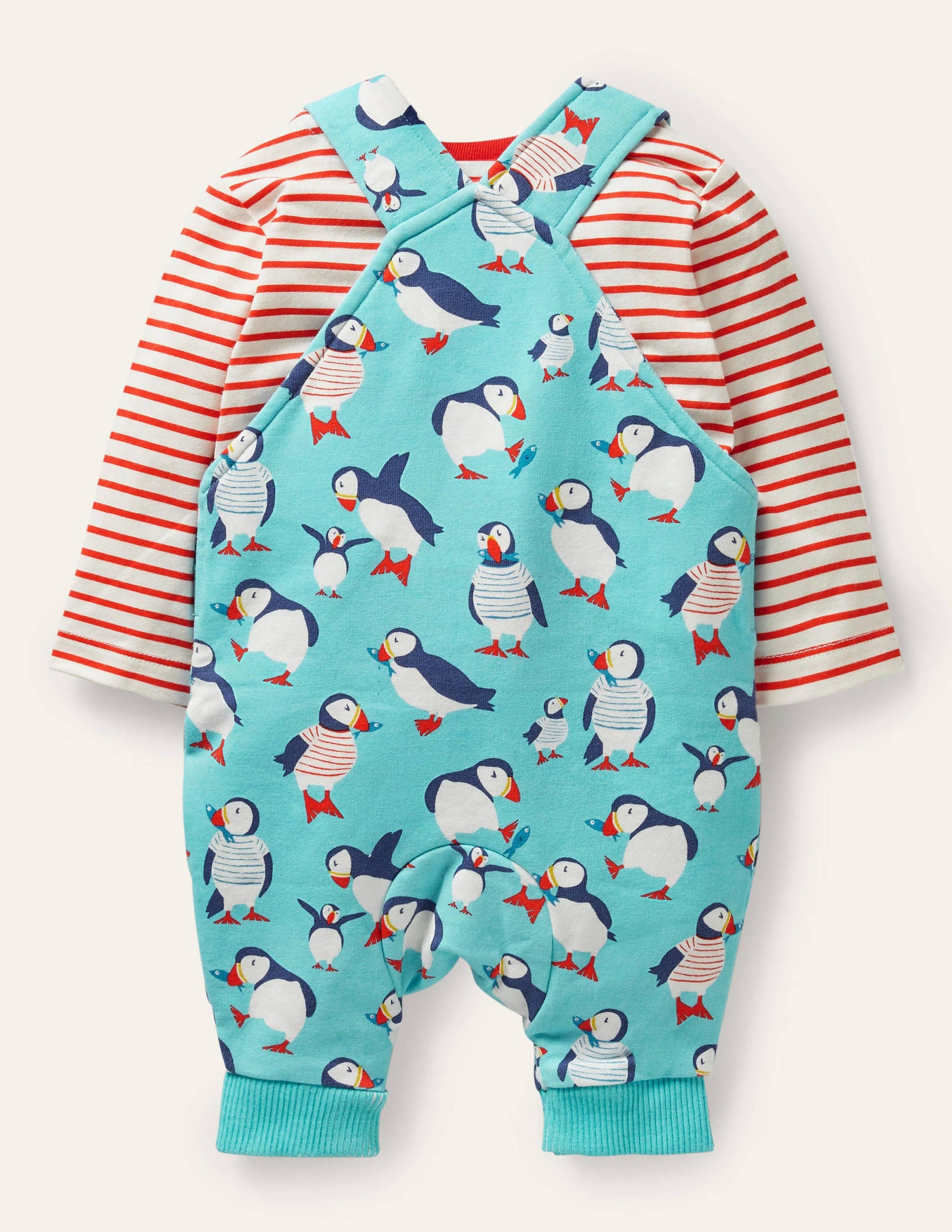 Printed Jersey Overalls Set-Aqua Blue Puffins-2