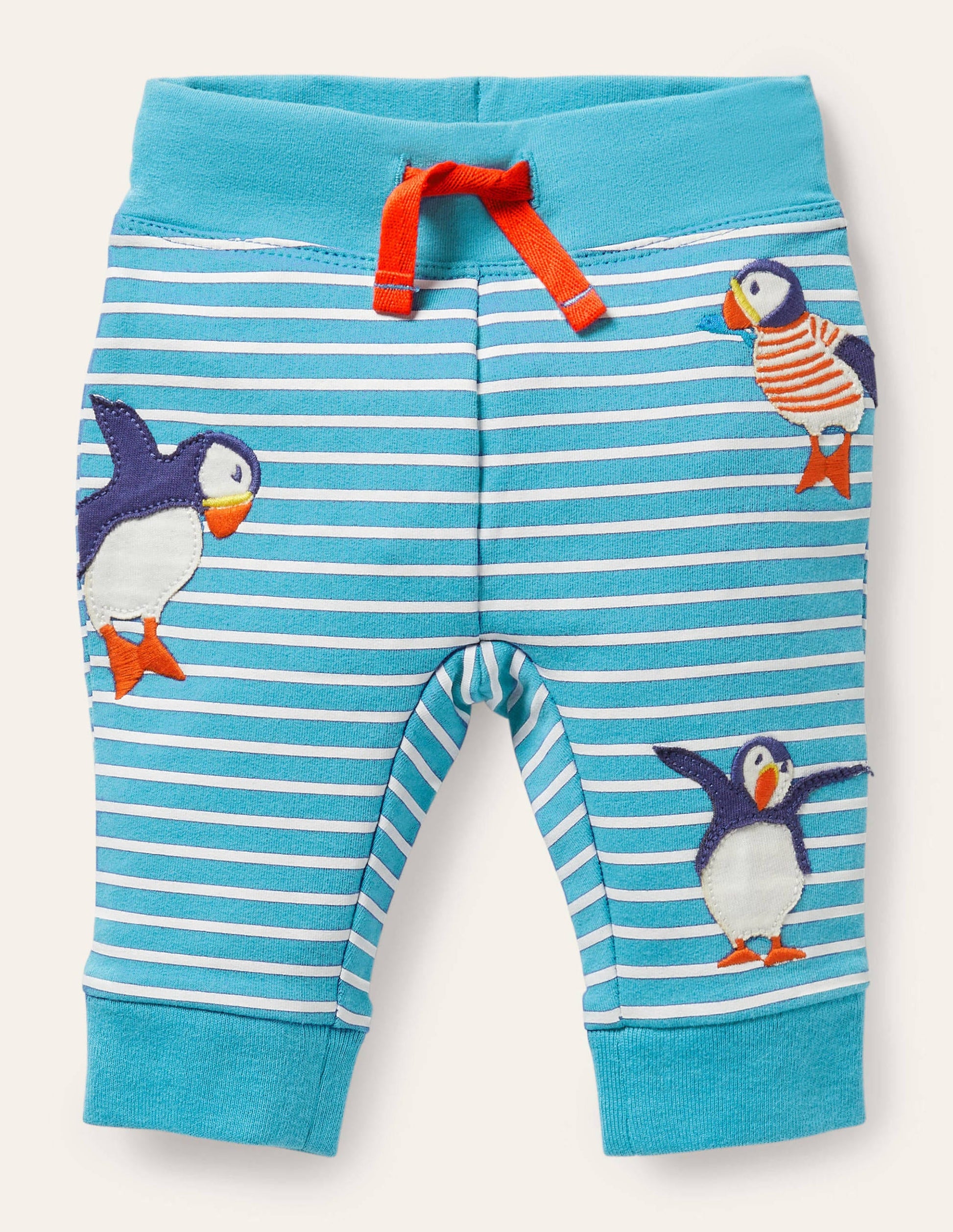 Appliqué Jersey Bottoms-Ivory/Aqua Puffins-1