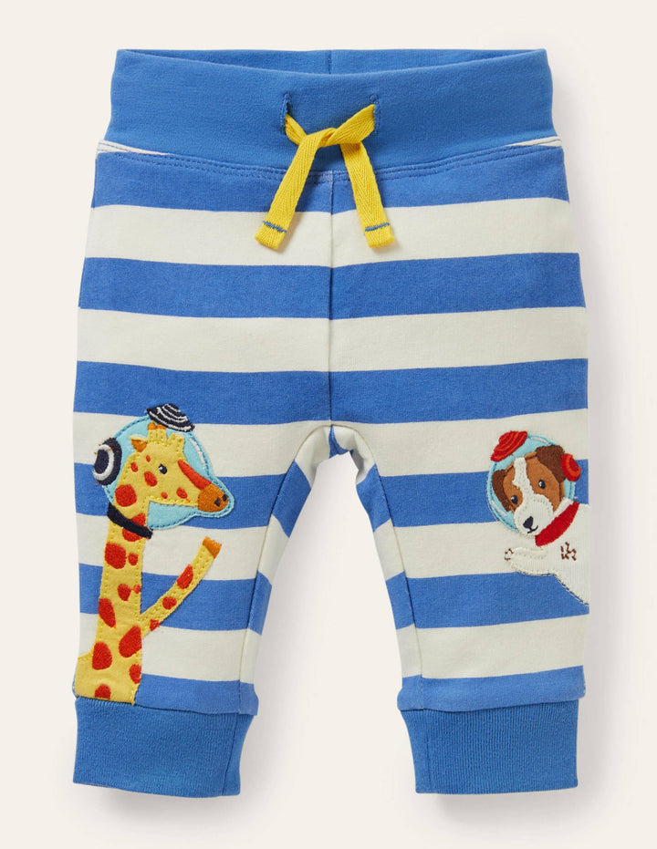 Appliqué Jersey Bottoms-Blue/Ivory Space Animals