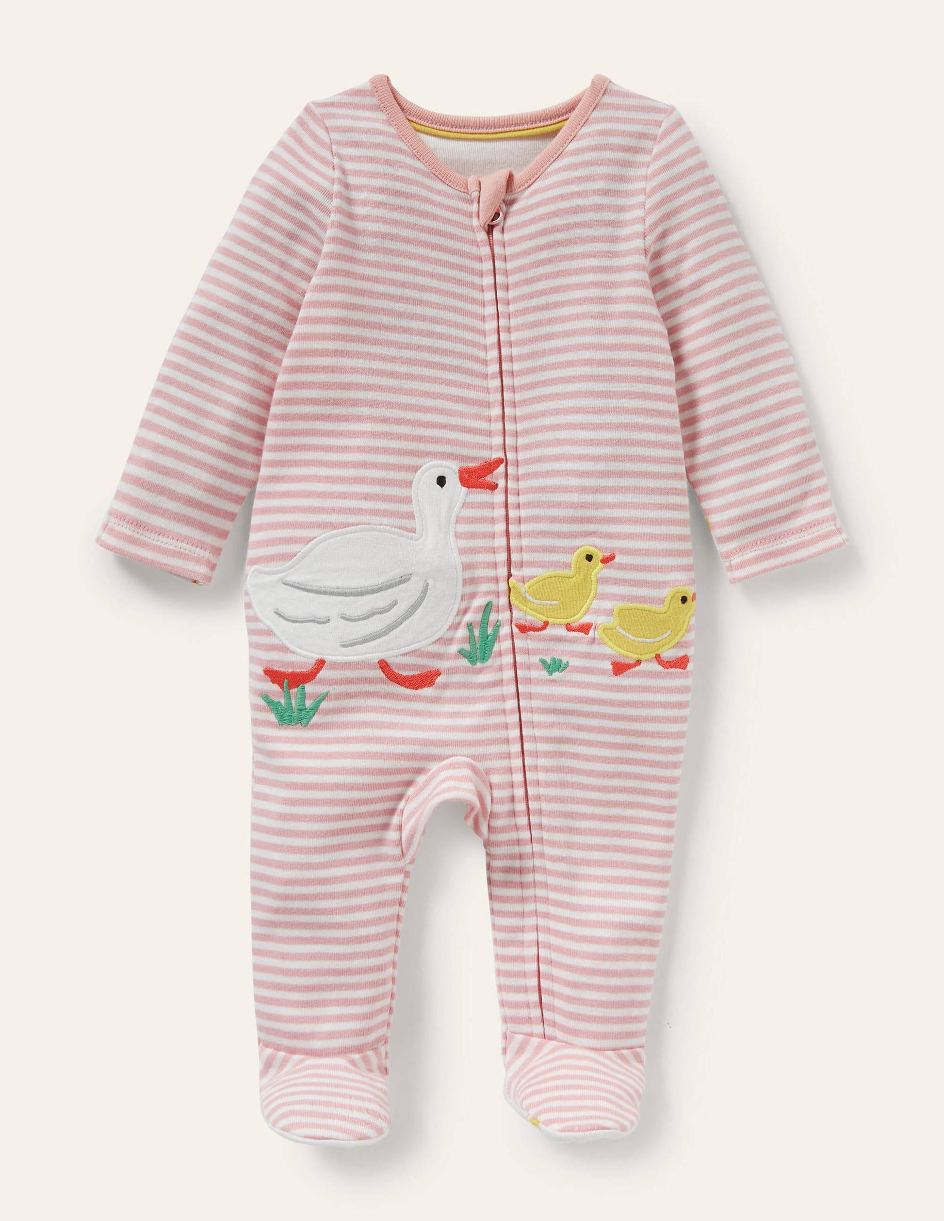 GOTS Organic Zip-up Sleepsuit-Ivory/Boto Pink Ducks-1