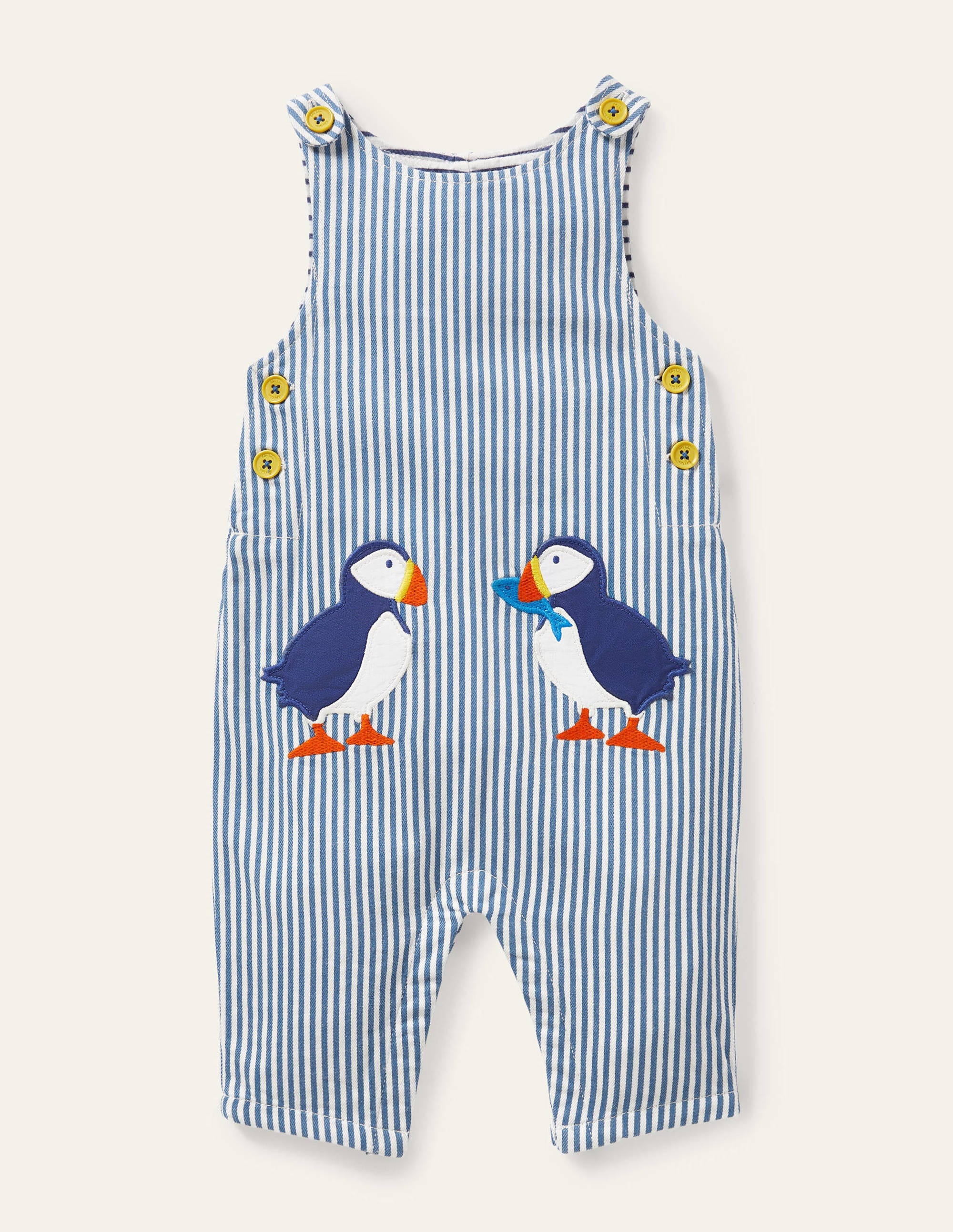 Appliqué Woven Romper-Ivory/Elizabethan Blue Puffins - Image 1