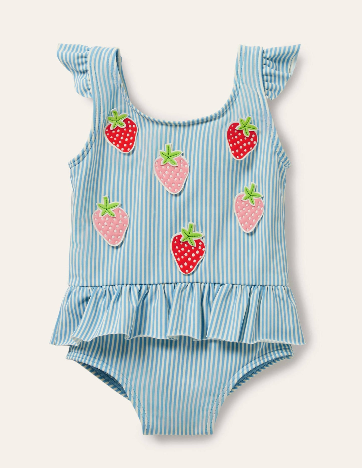 Blue Stripe Strawberry Frill Waist Swimsuit-Blue/Ivory Strawberries