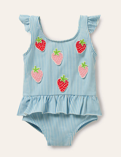 Blue Stripe Strawberry Frill Waist Swimsuit-Blue/Ivory Strawberries-1