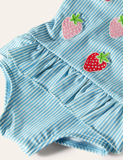 Blue Stripe Strawberry Frill Waist Swimsuit-Blue/Ivory Strawberries-3