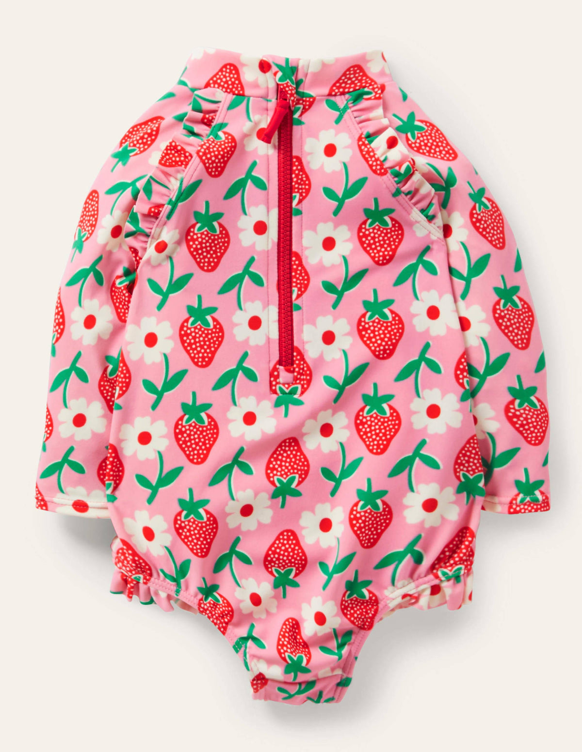 Long Sleeve Frilly Swimsuit-Pink Lemonade Strawberry Stamp-2