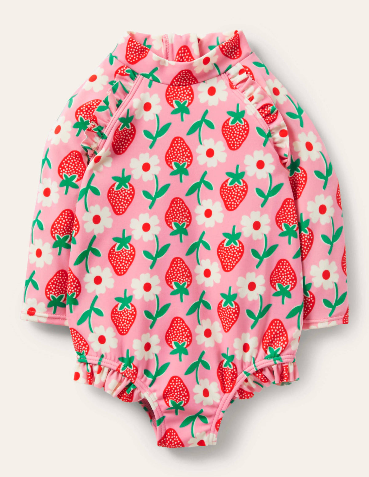 Long Sleeve Frilly Swimsuit-Pink Lemonade Strawberry Stamp - Image 1