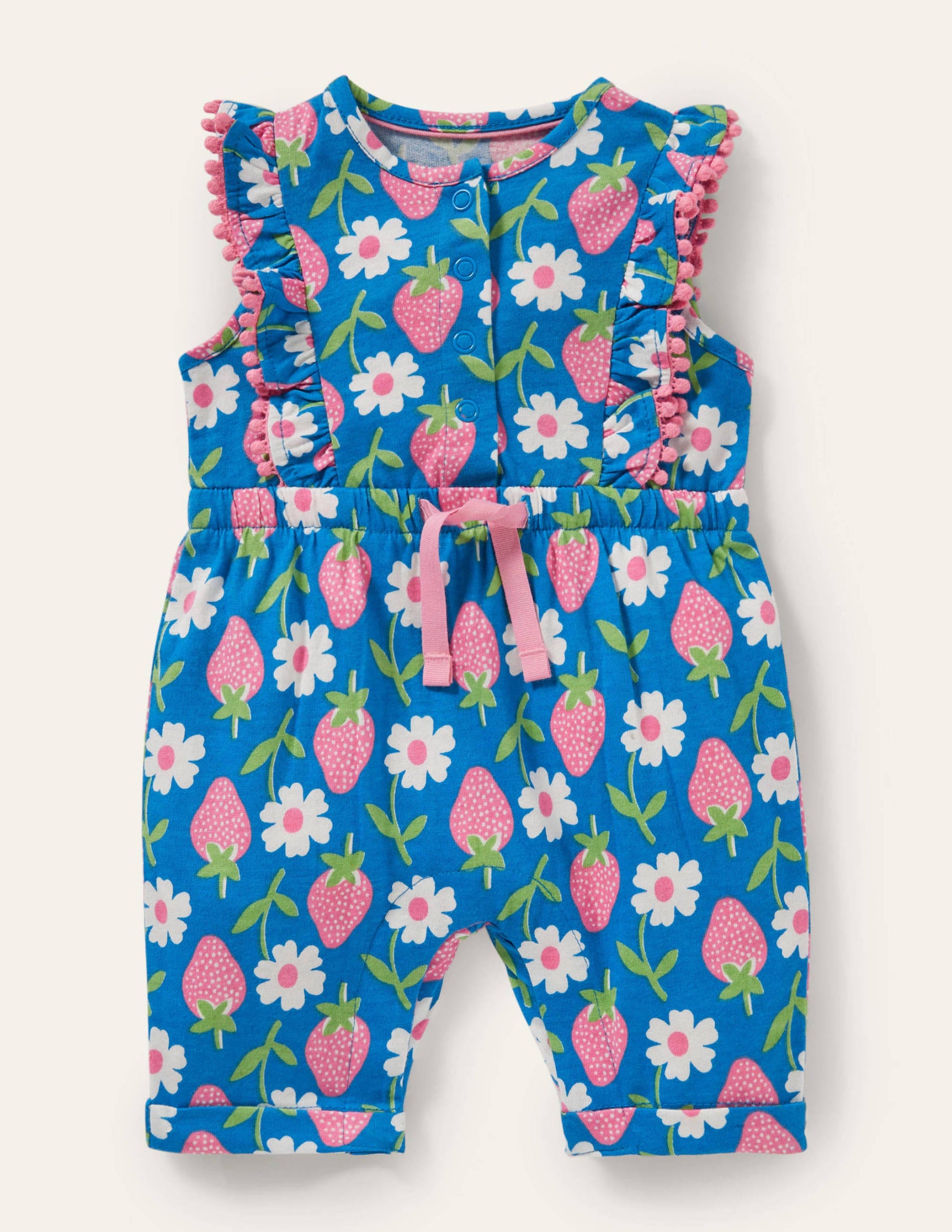 Jersey Ruffle Romper-Bright Marina Blue Strawberry-1