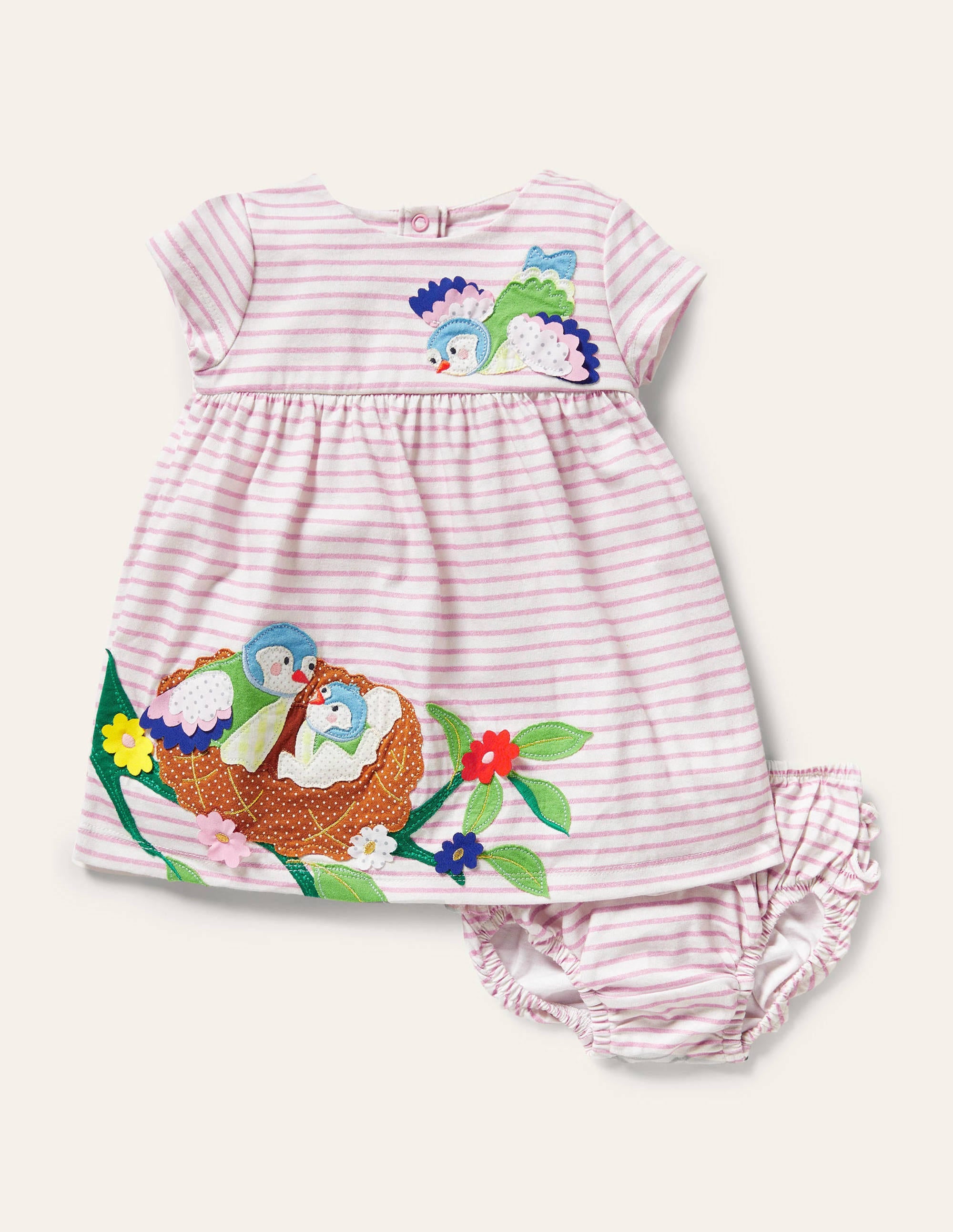 Fun Appliqué Jersey Dress-Pink Lemonade Birds - Image 1