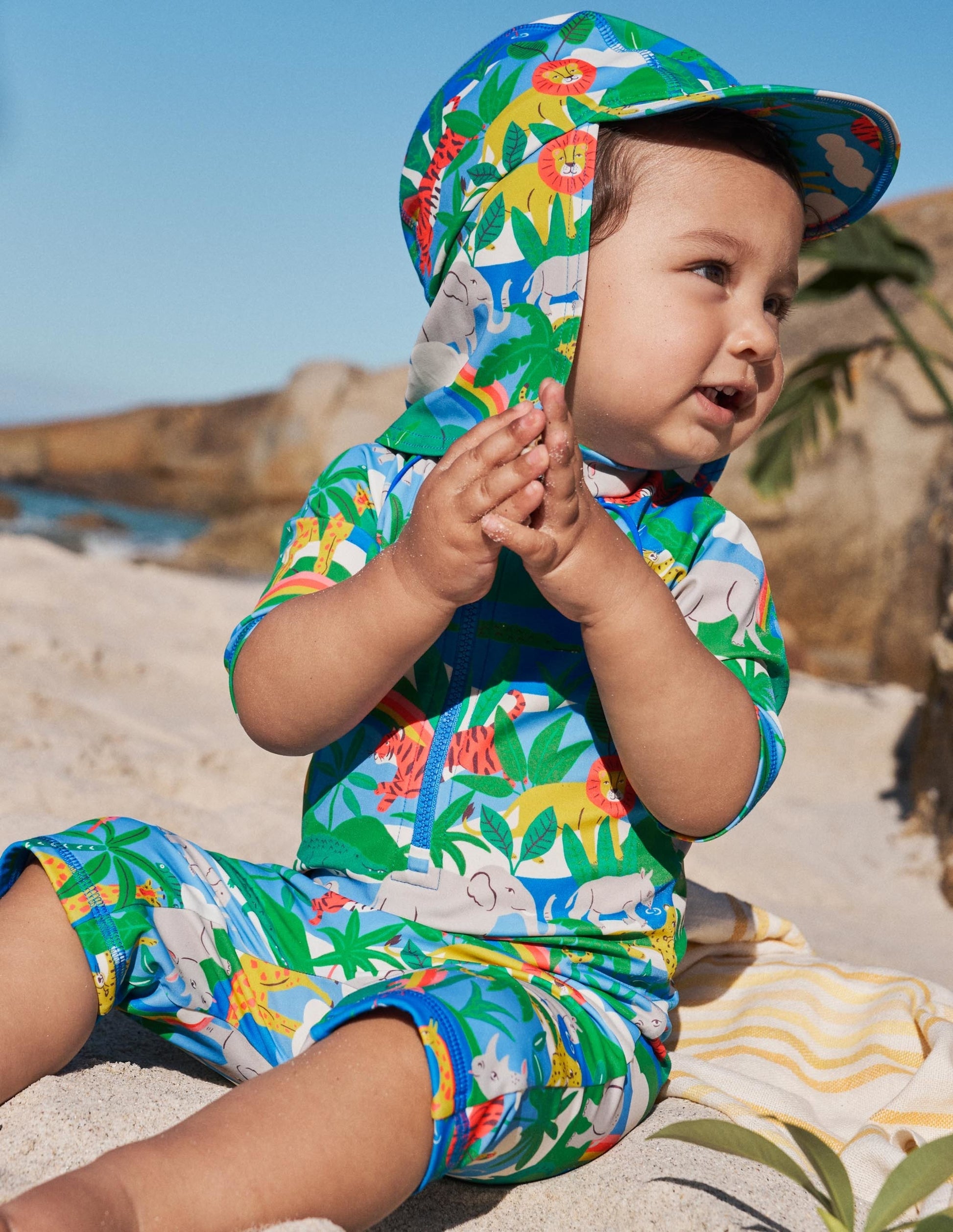 Printed Sun-safe Surf Suit-Ivory Surfboard Rainbow Jungle-5