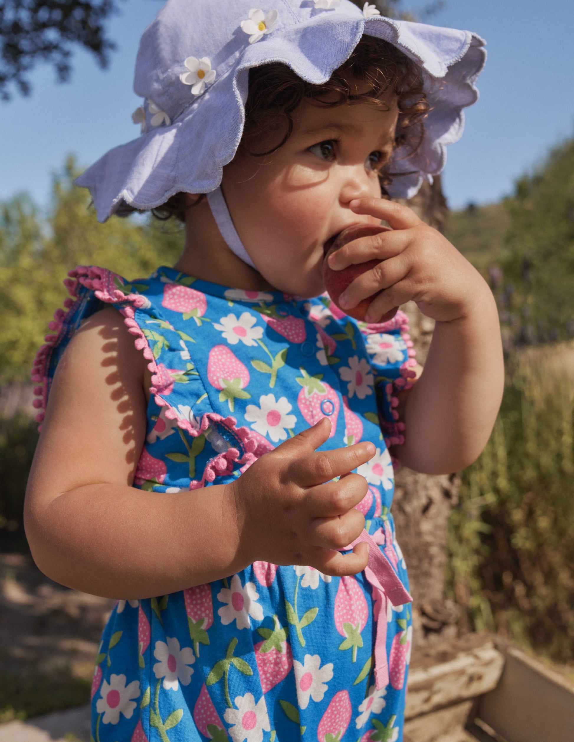 Jersey Ruffle Romper-Bright Marina Blue Strawberry-4