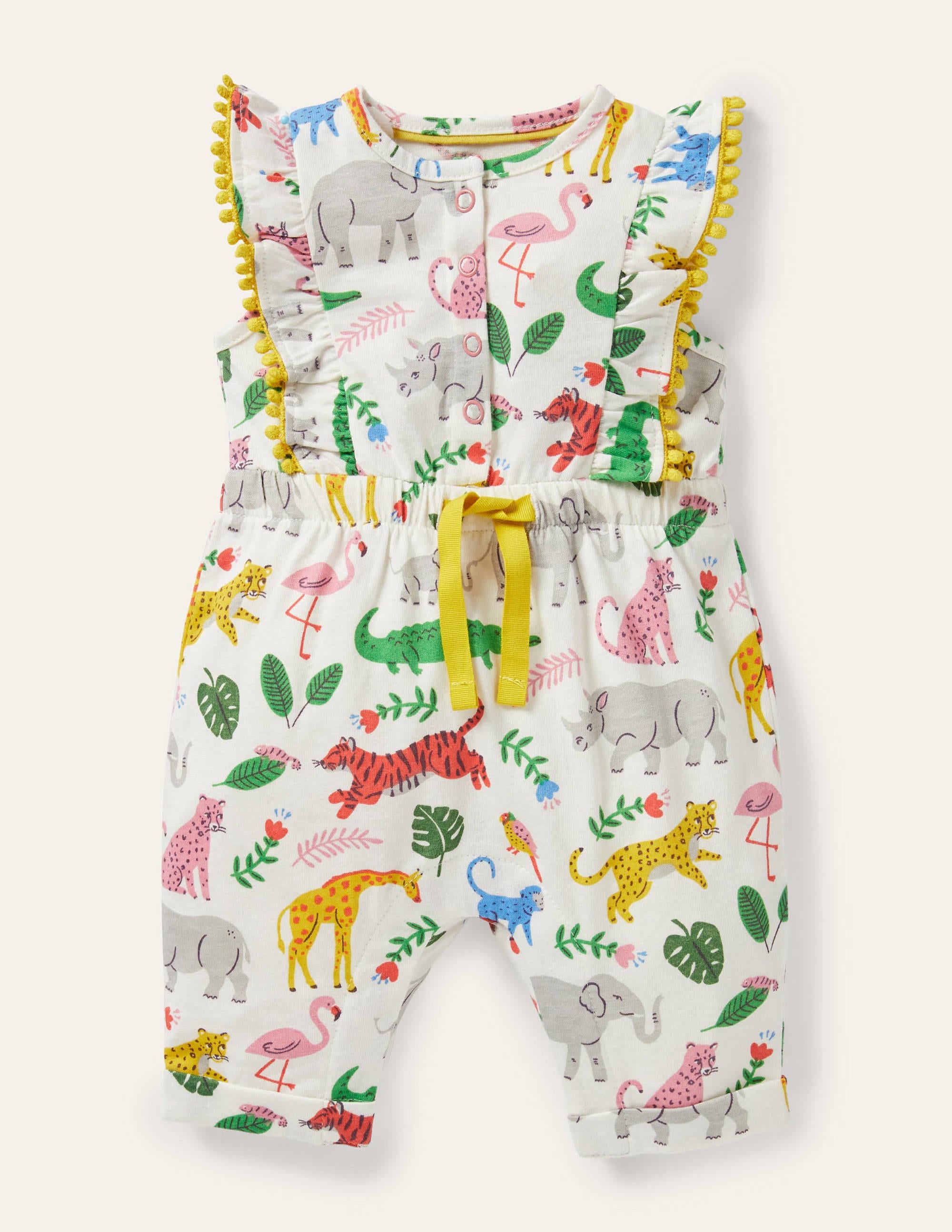 Jersey Ruffle Romper-Ivory Jungle Stamp - Image 1