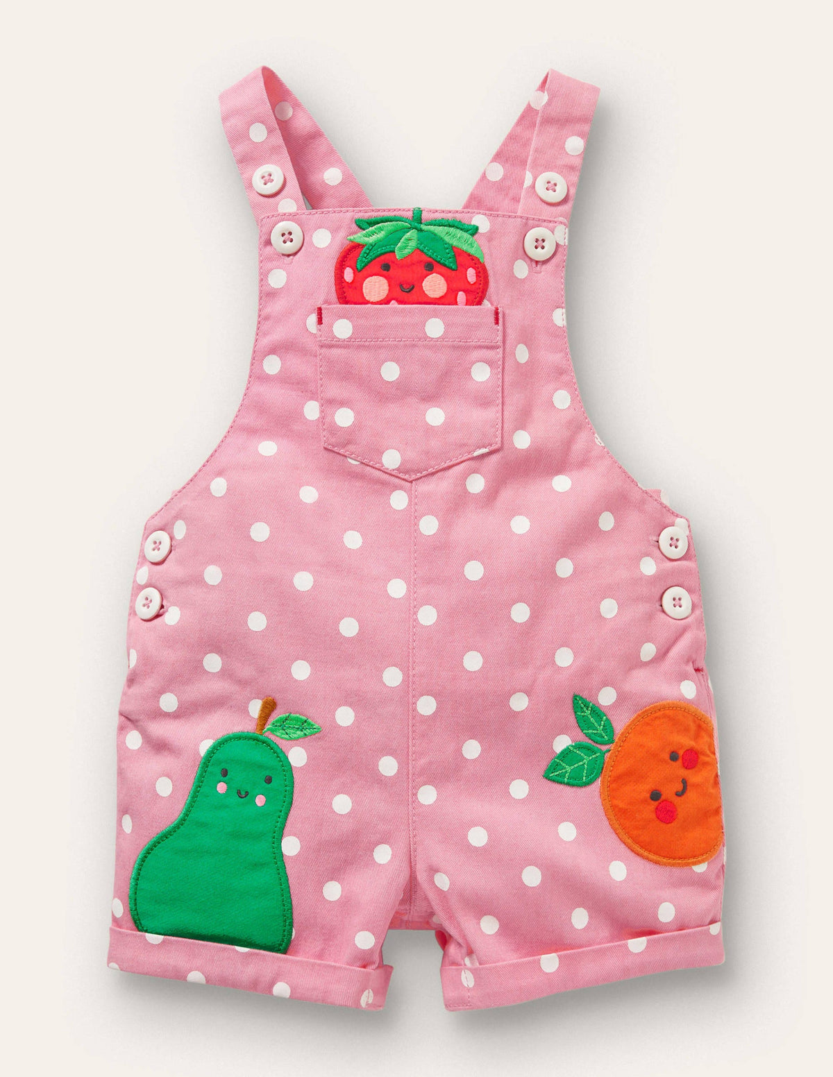 Short Woven Overalls-Pink Spot Fruit-1
