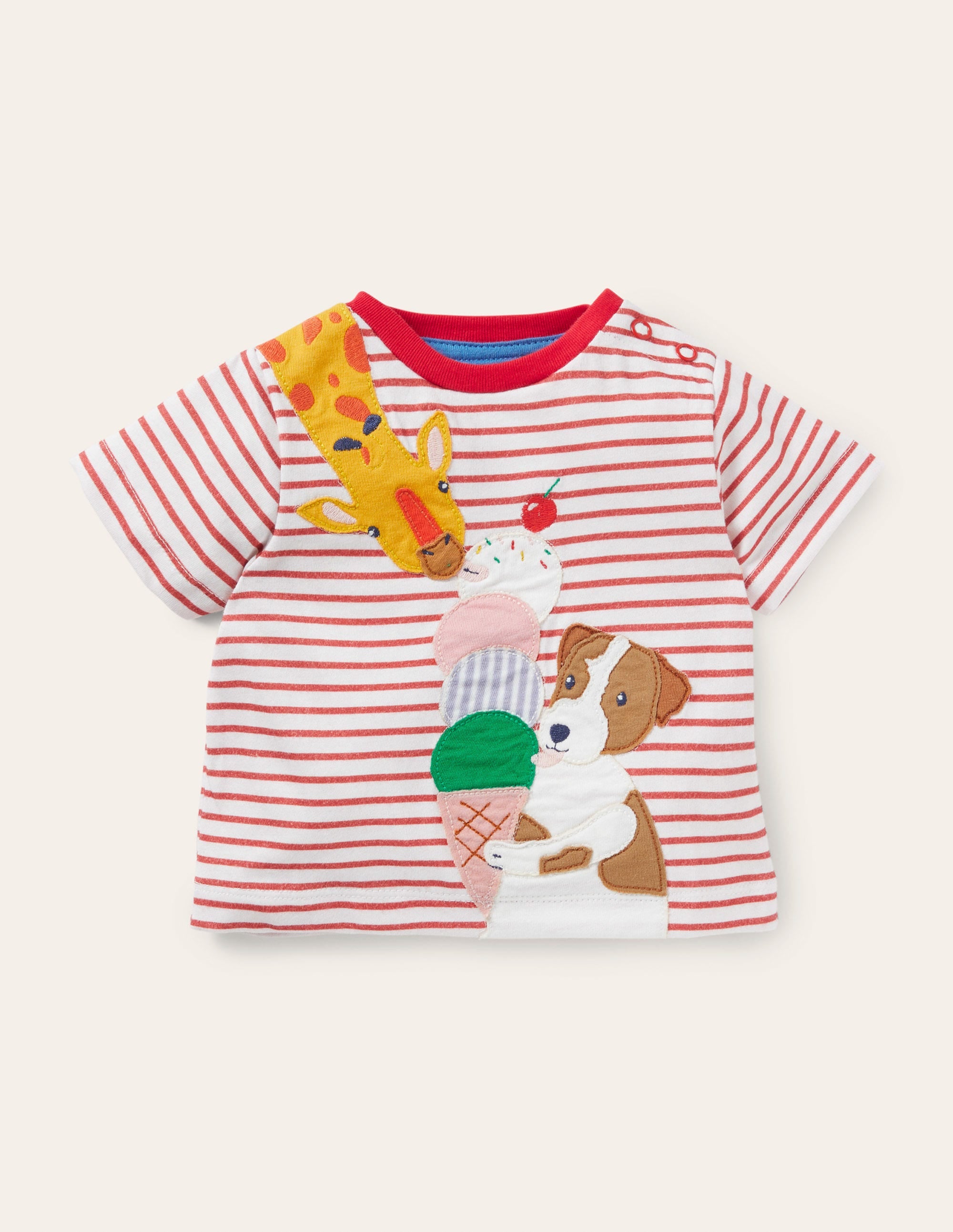 Appliqué Jersey T-shirt-Red/Ivory Animals Ice Cream - Image 1