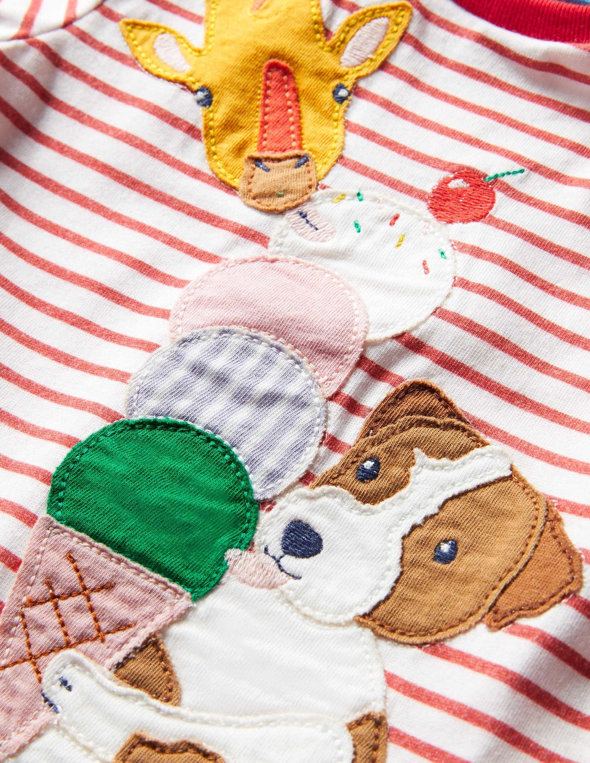 Appliqué Jersey T-shirt-Red/Ivory Animals Ice Cream-3