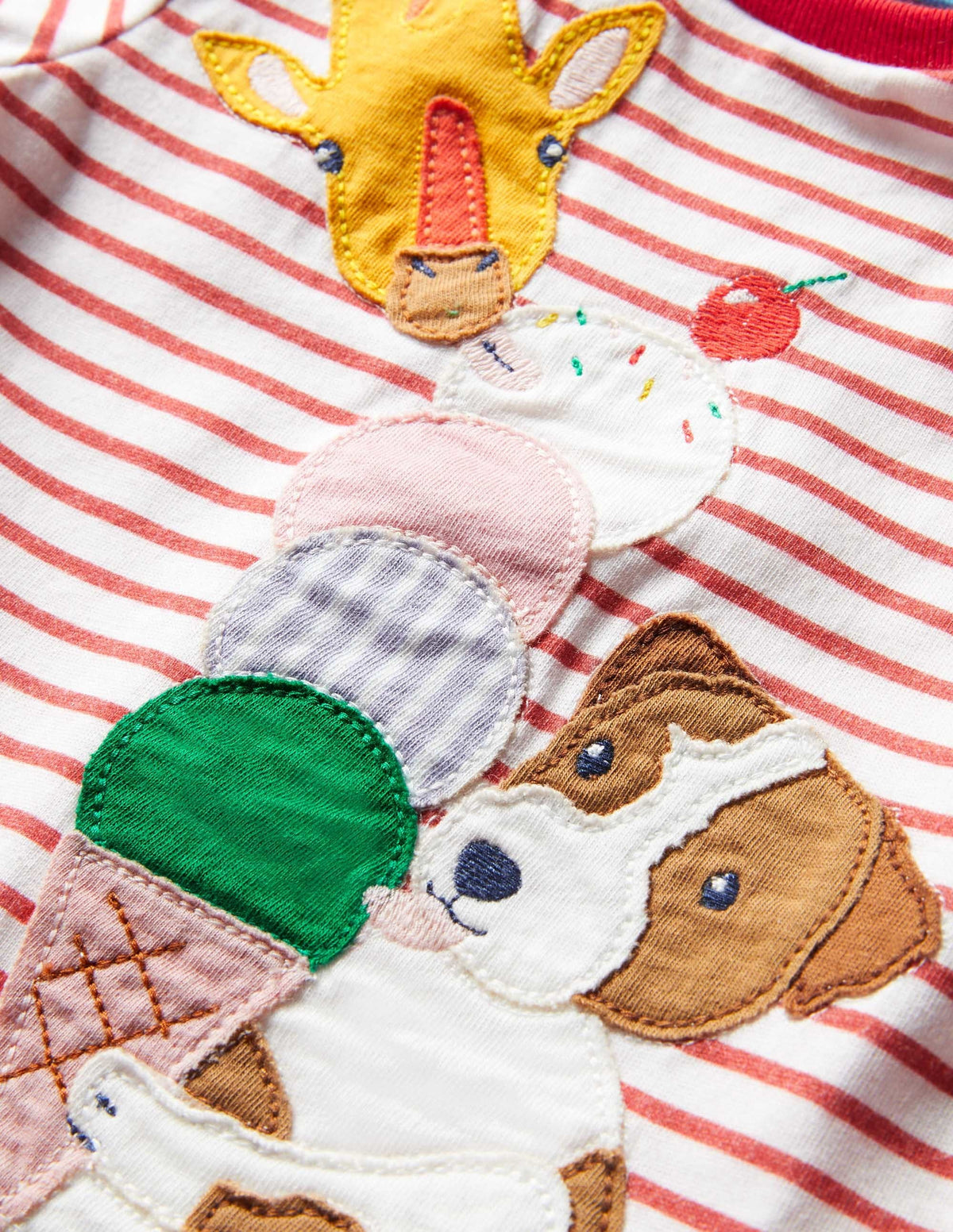 Appliqué Jersey T-shirt-Red/Ivory Animals Ice Cream - Image 3