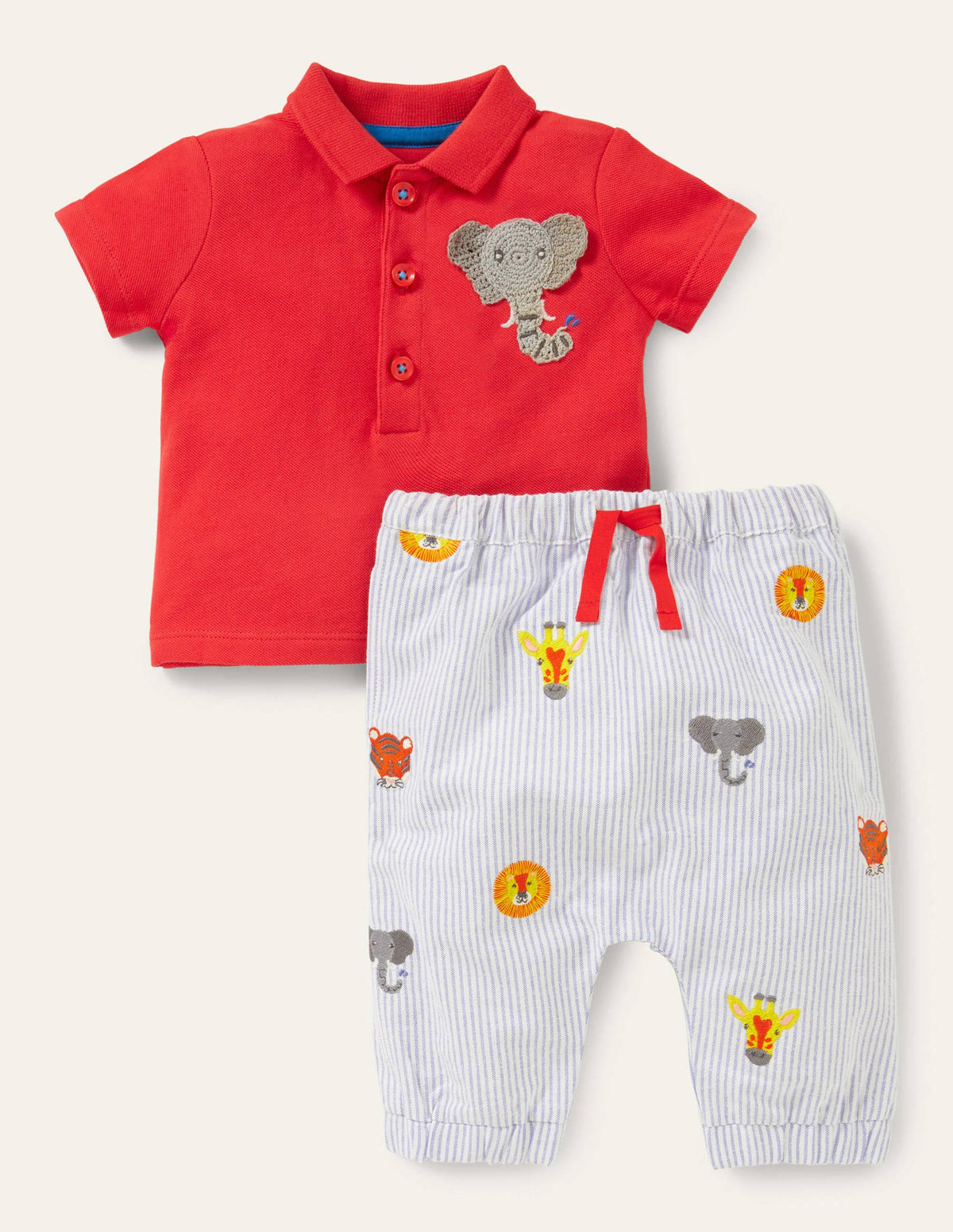 Piqué Polo and Pants Set-Strawberry Tart Elephant-1