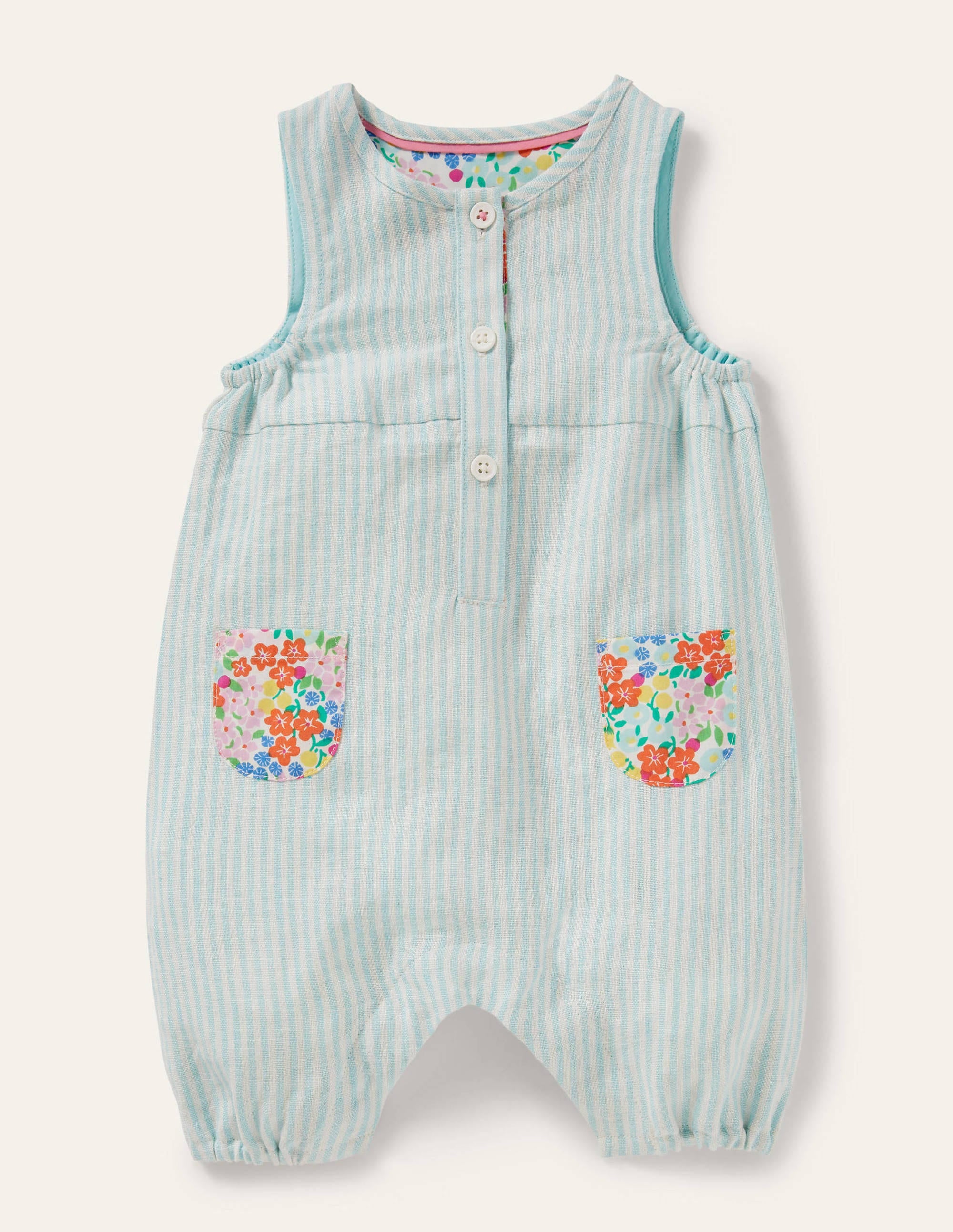 Woven Ticking Romper-Ivory/Georgian Blue Ticking - Image 1