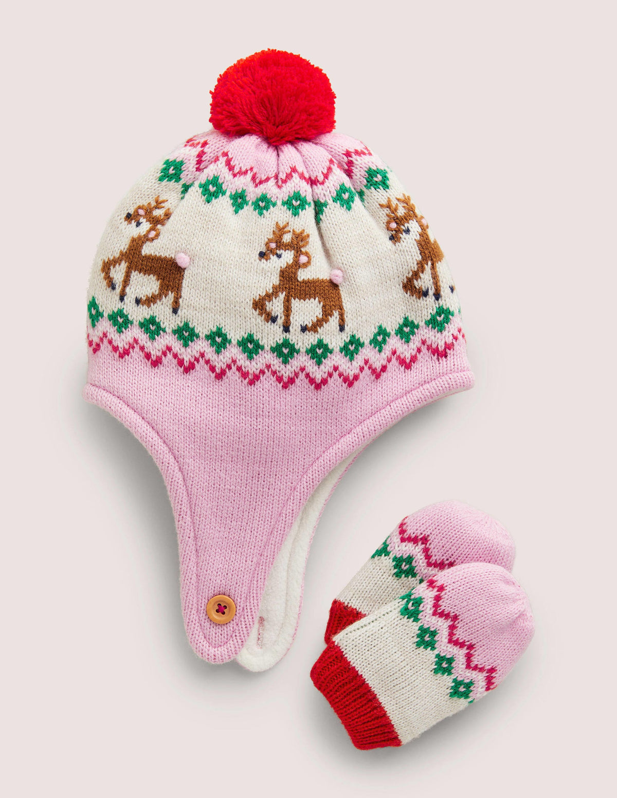 Novelty Hat and Mittens Set-Fair Isle Pink-1