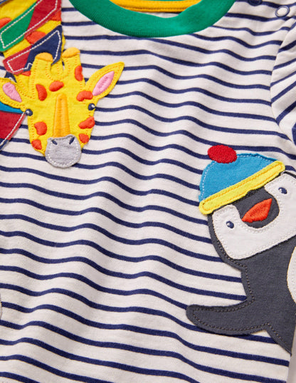 Long-sleeved Appliqué T-shirt-Ivory/Navy Global Animals-3