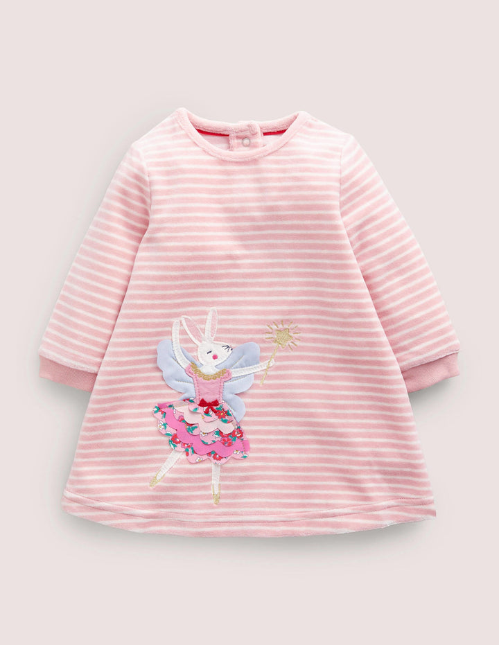 Appliqué Velour Dress-Boto Pink/Ivory Bunny