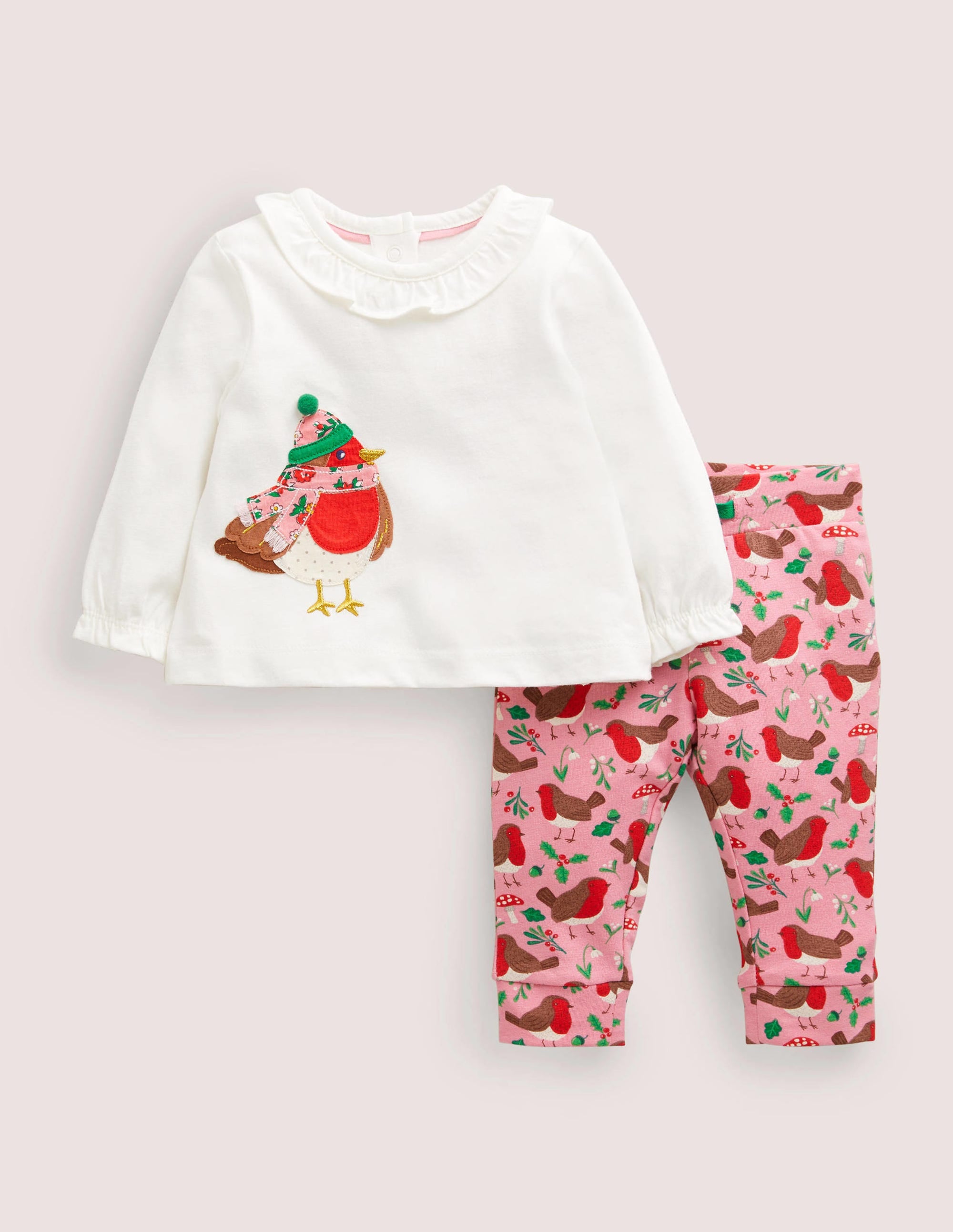 Appliqué Top & Leggings Set-Boto Pink Robins - Image 1