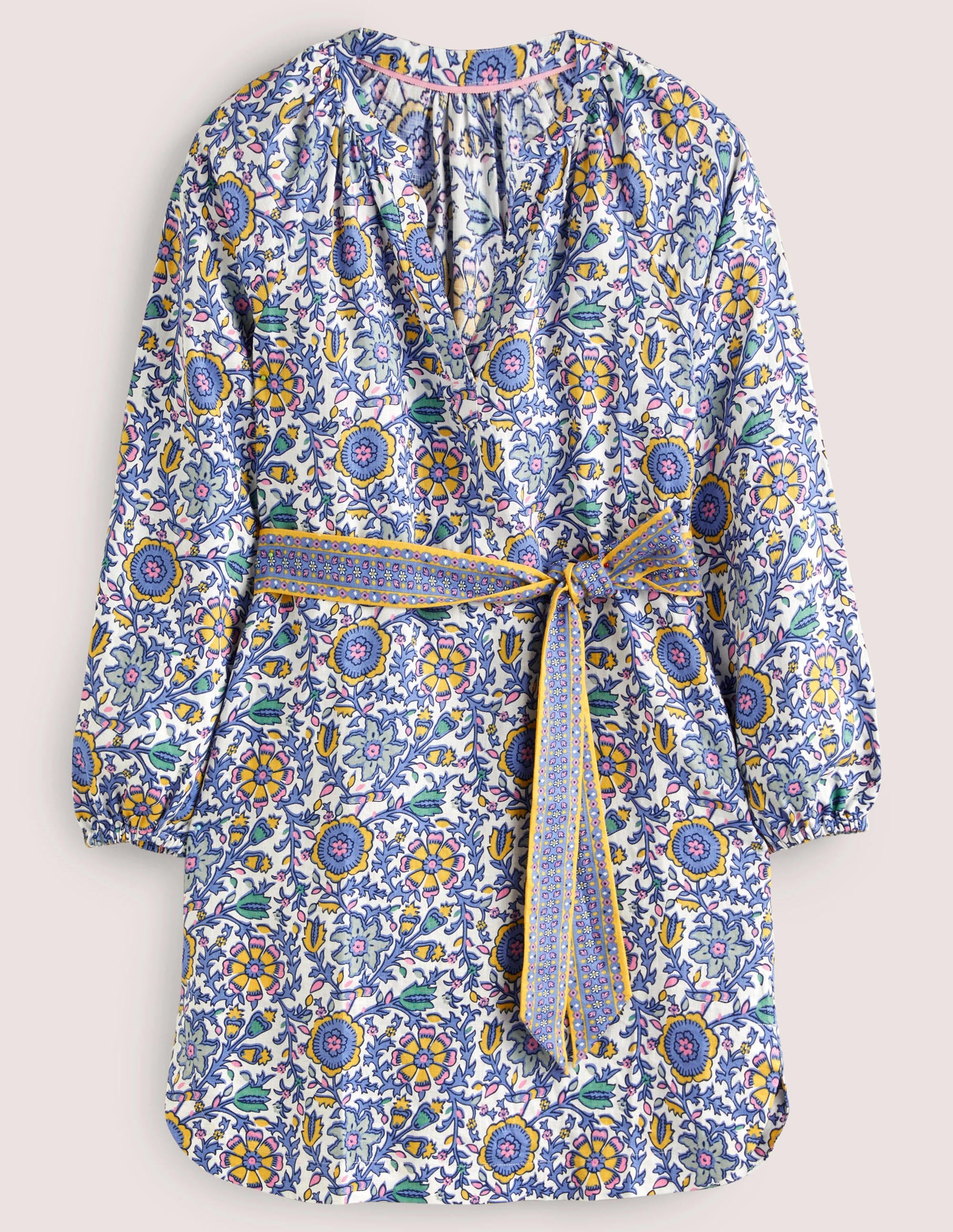 Notch Neck Linen Mini Dress-Riviera Blue, Enchanting Twig - Image 9