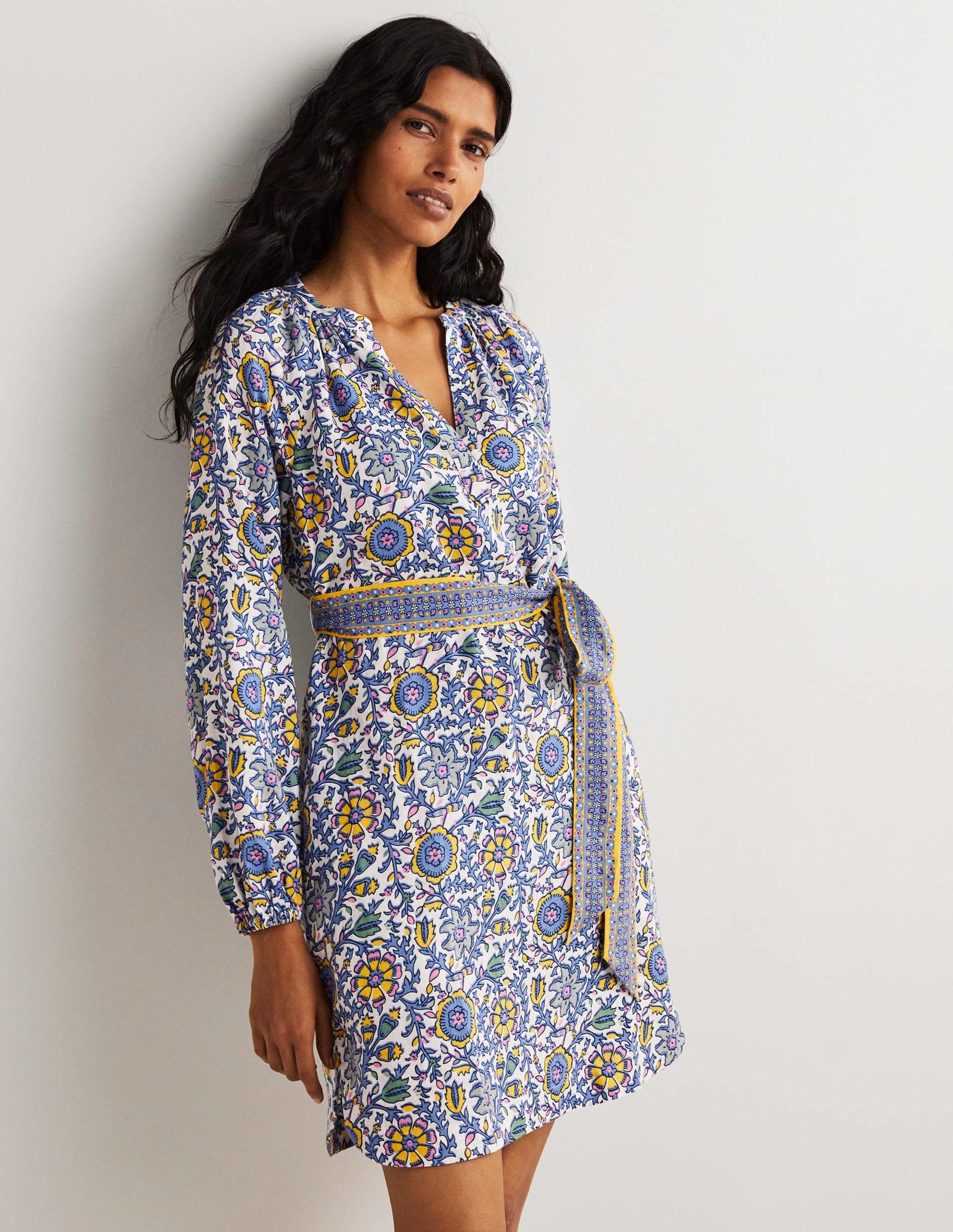 Notch Neck Linen Mini Dress-Riviera Blue, Enchanting Twig-1