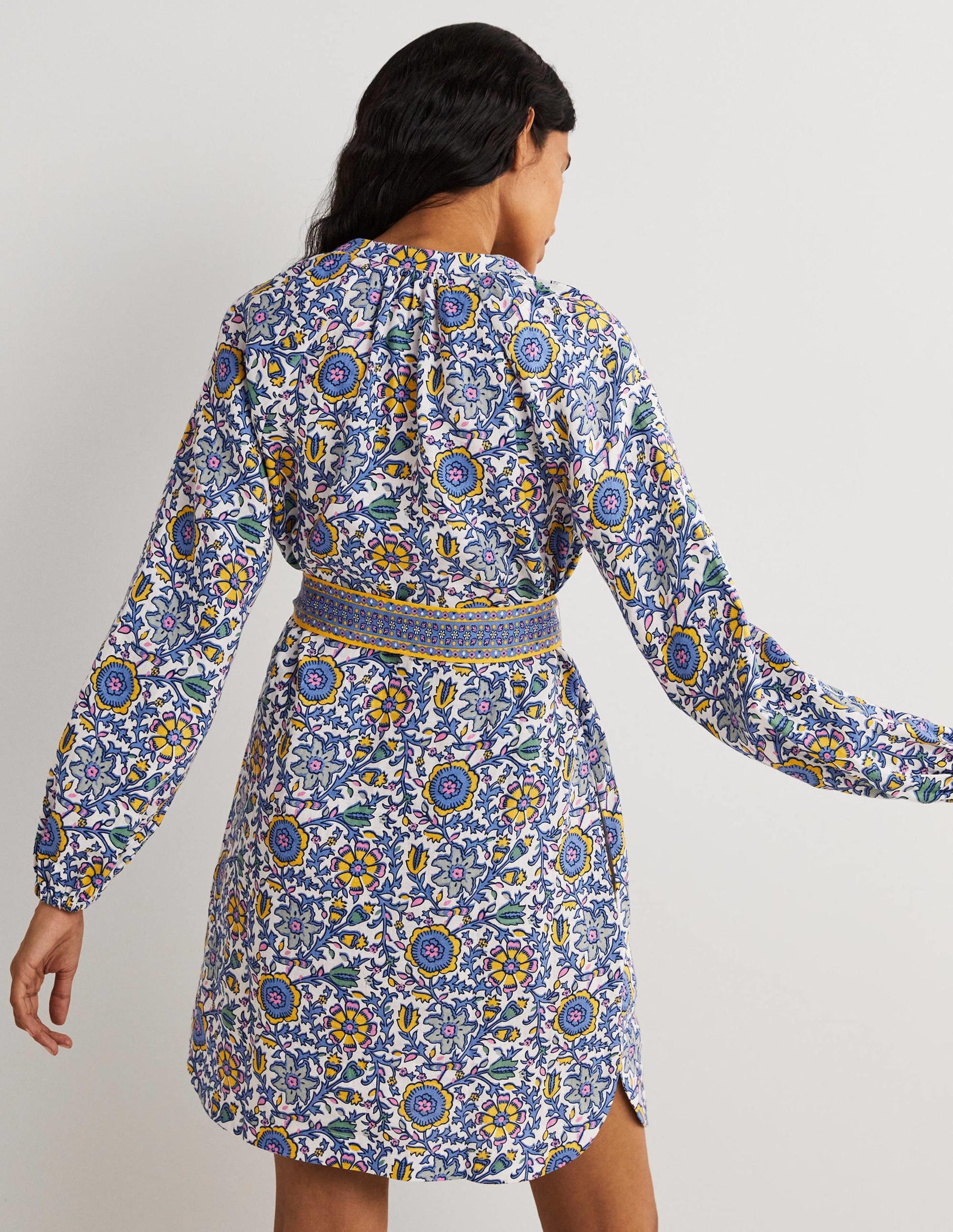 Notch Neck Linen Mini Dress-Riviera Blue, Enchanting Twig-3