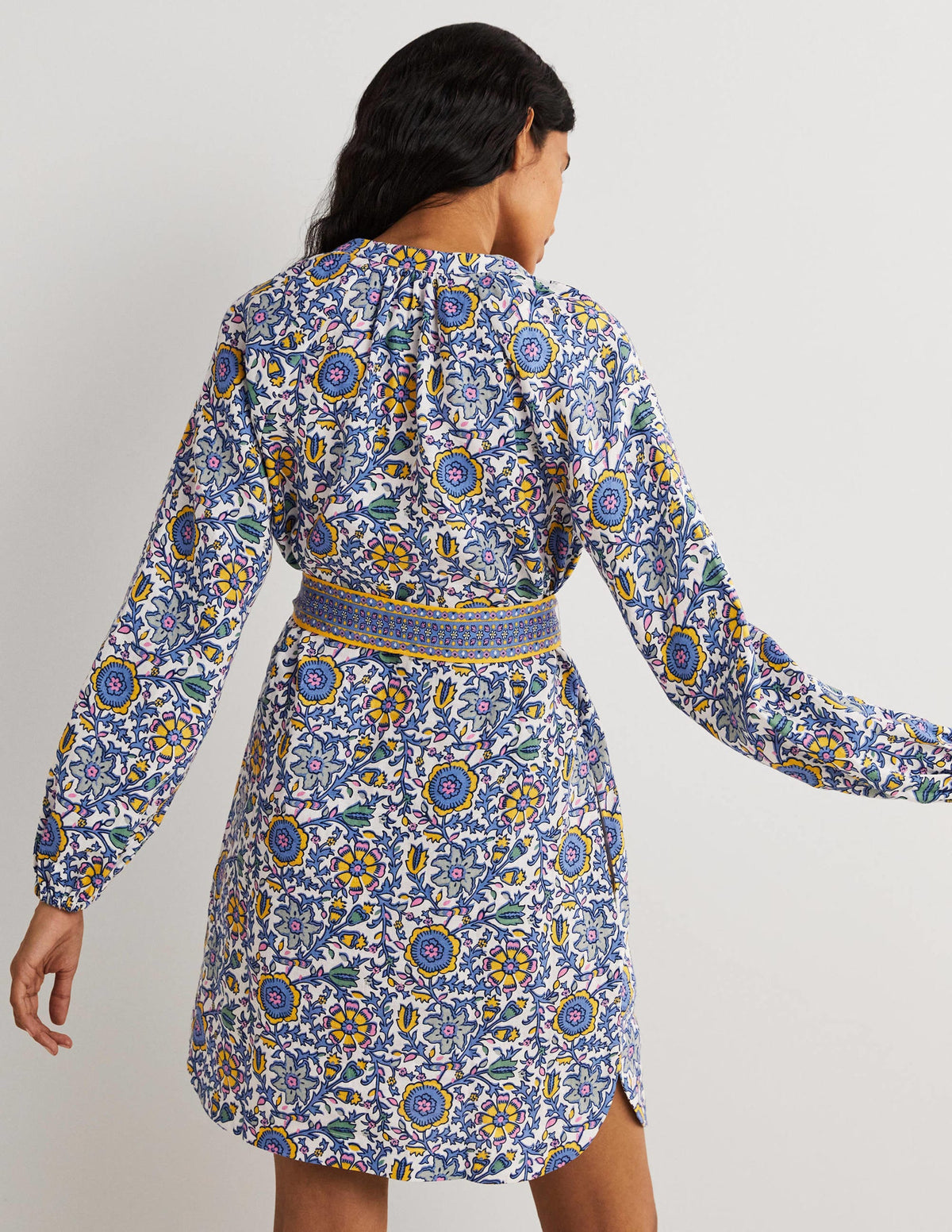 Notch Neck Linen Mini Dress-Riviera Blue, Enchanting Twig - Image 3