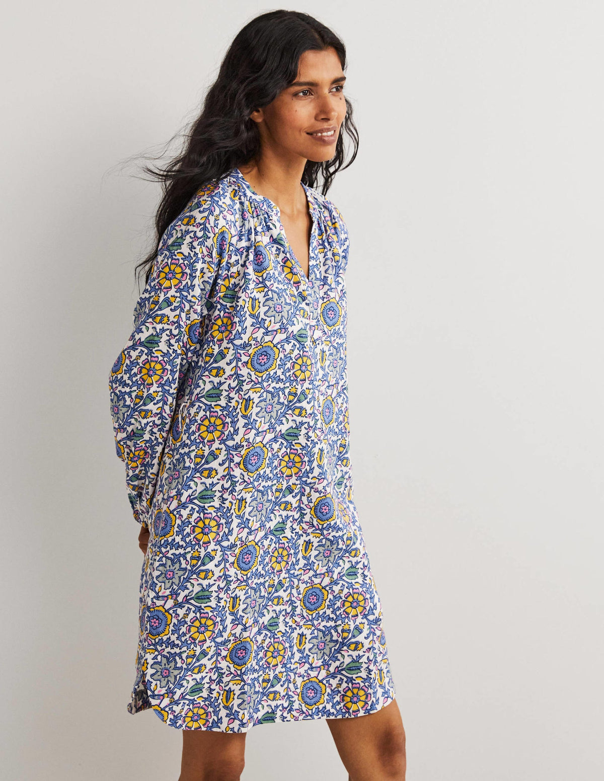 Notch Neck Linen Mini Dress-Riviera Blue, Enchanting Twig-4