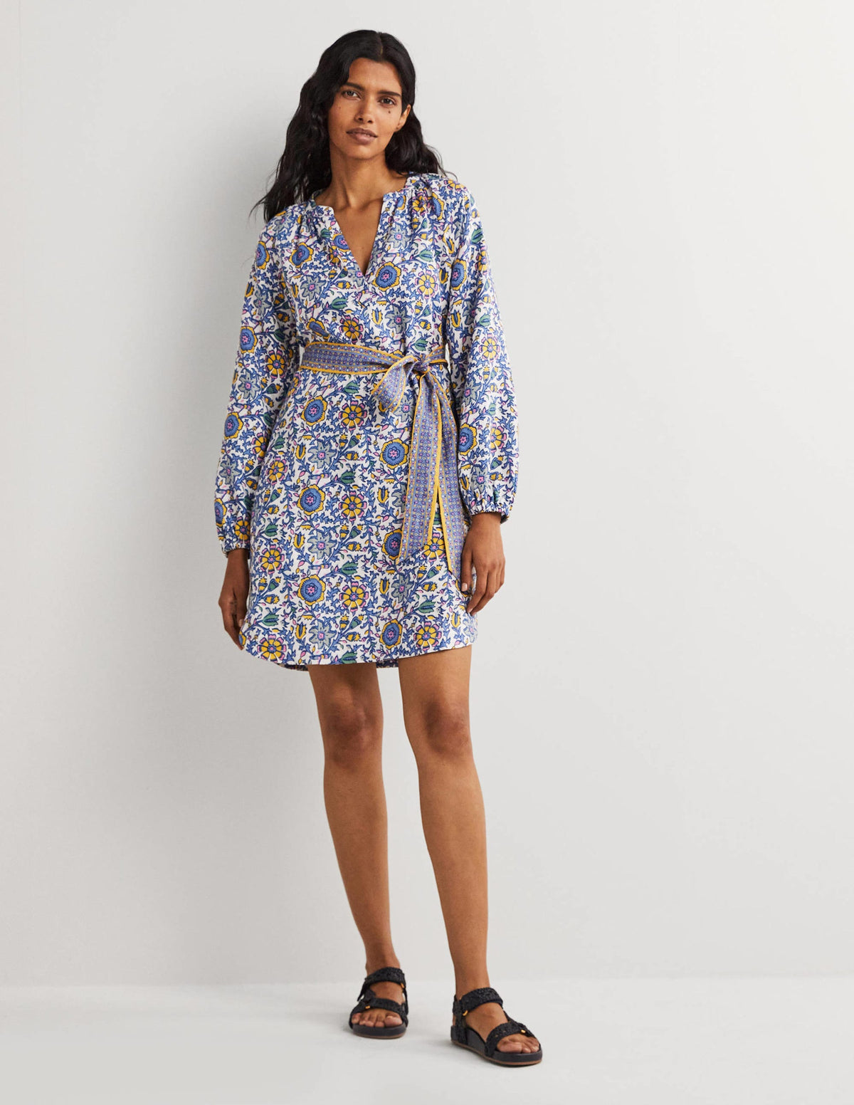 Notch Neck Linen Mini Dress-Riviera Blue, Enchanting Twig-5